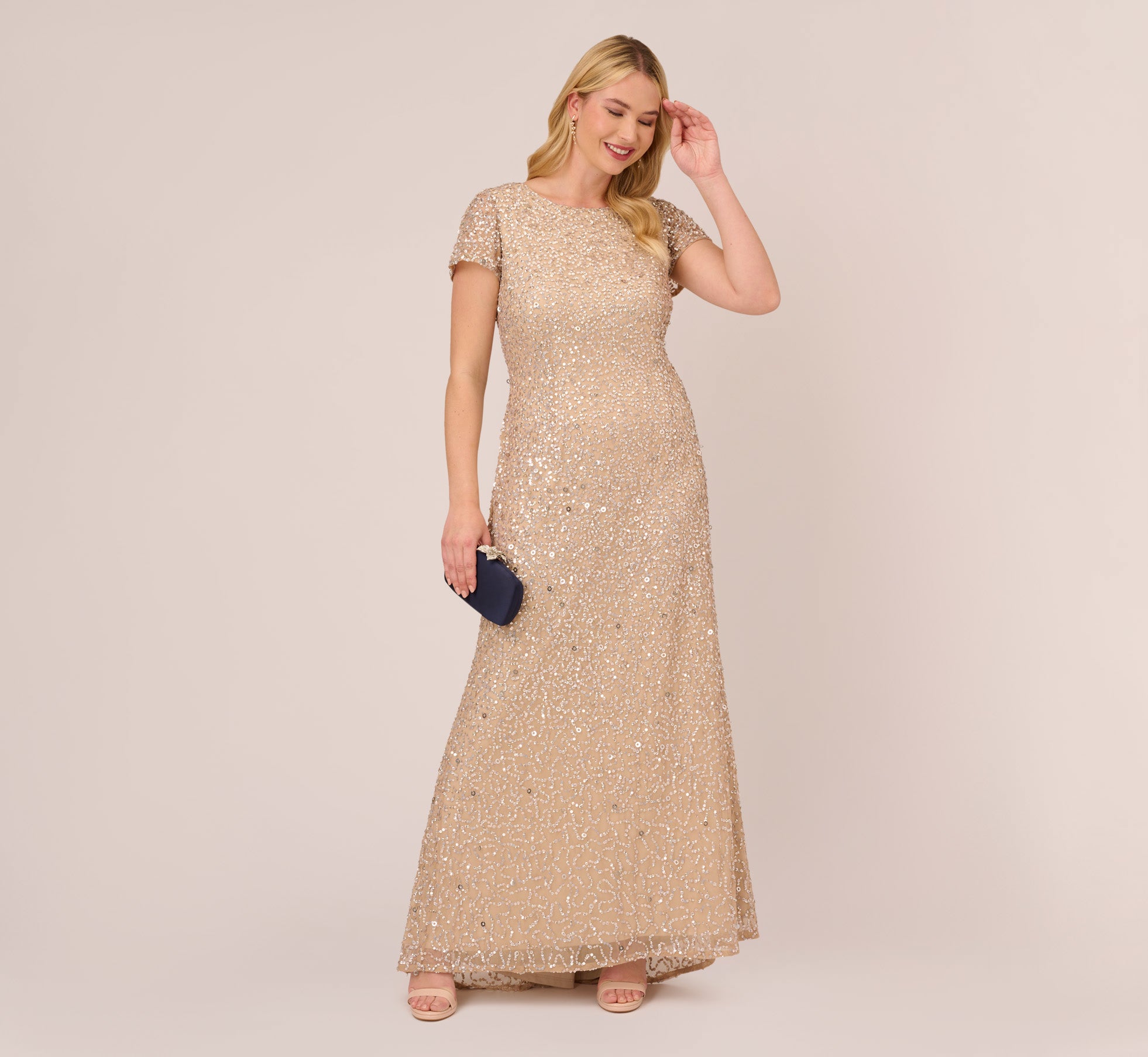 Plus Size Scoop Back Sequin Gown In Champagne Adrianna Papell