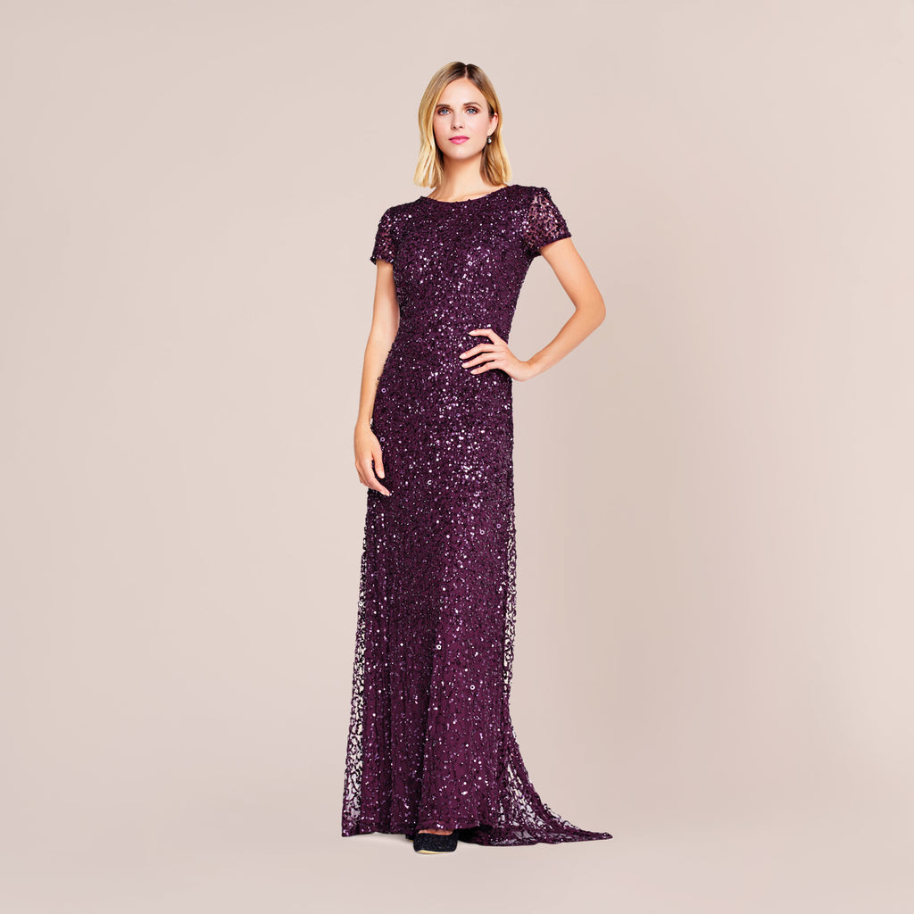 Scoop Back Sequin Gown In Cabernet