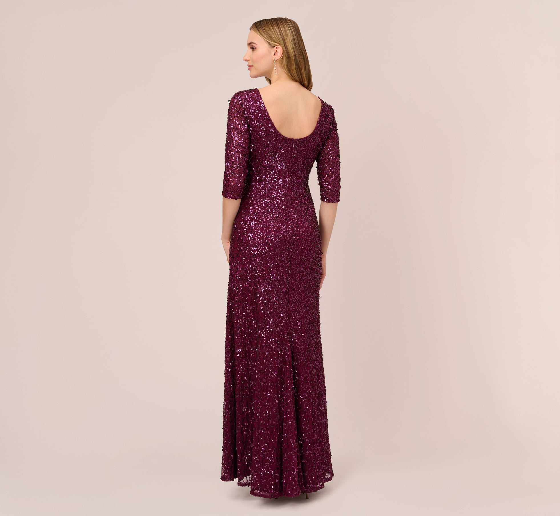 Scoop Back Sequin Gown With Three Quarter Sleeves In Cabernet ...