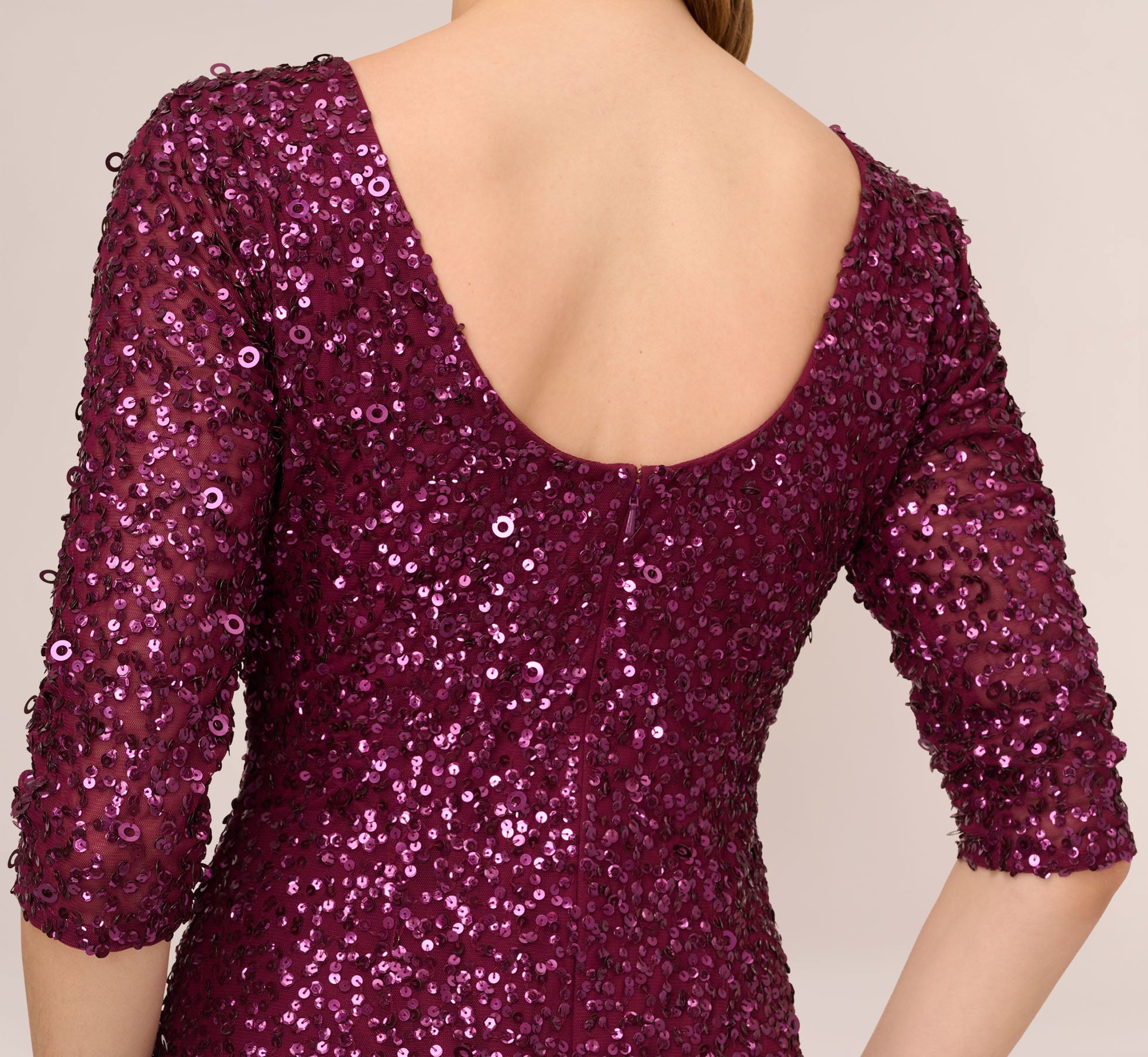 Scoop Back Sequin Gown With Three Quarter Sleeves In Cabernet