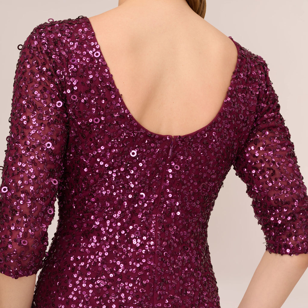 Scoop Back Sequin Gown With Three Quarter Sleeves In Cabernet