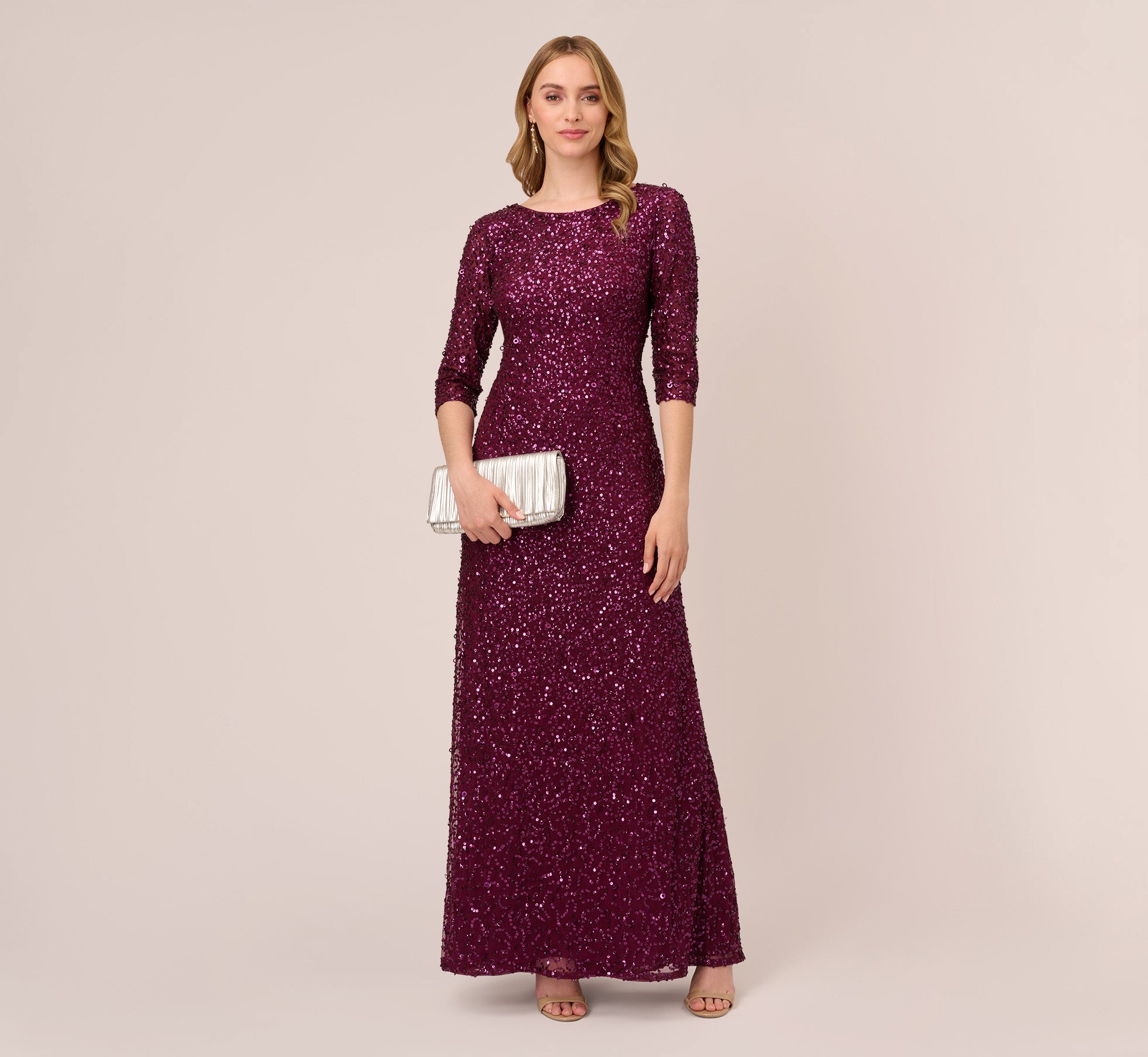 Scoop Back Sequin Gown With Three Quarter Sleeves In Cabernet