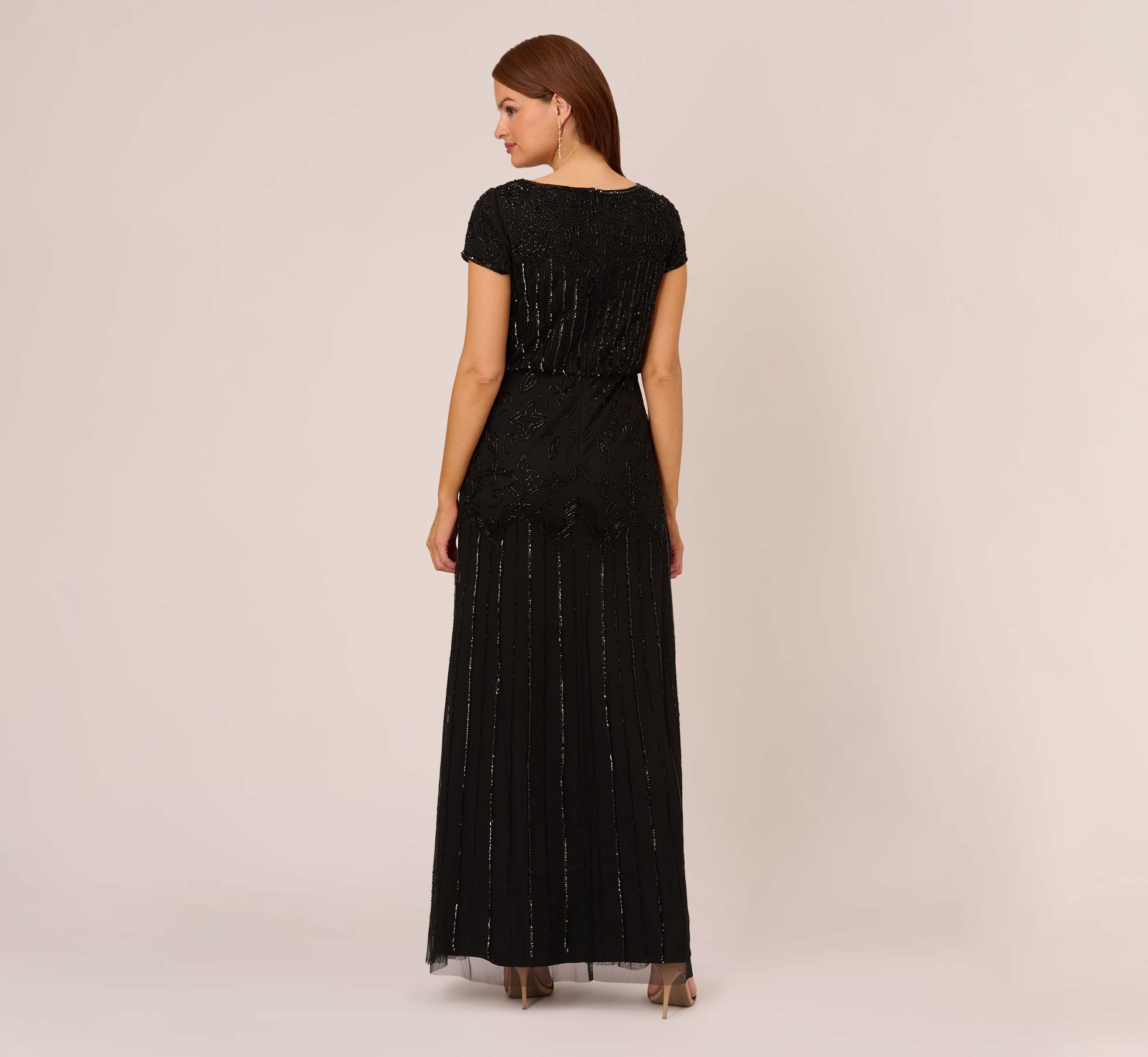 Short Sleeve Blouson Beaded Gown In Black | Adrianna Papell