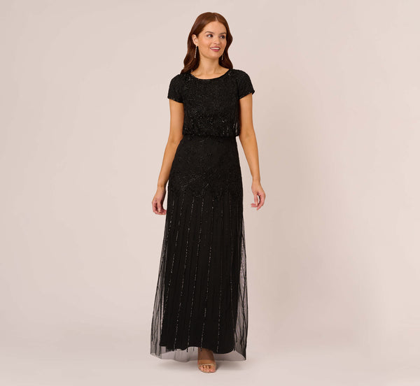 Short Sleeve Blouson Beaded Gown In Black Adrianna Papell