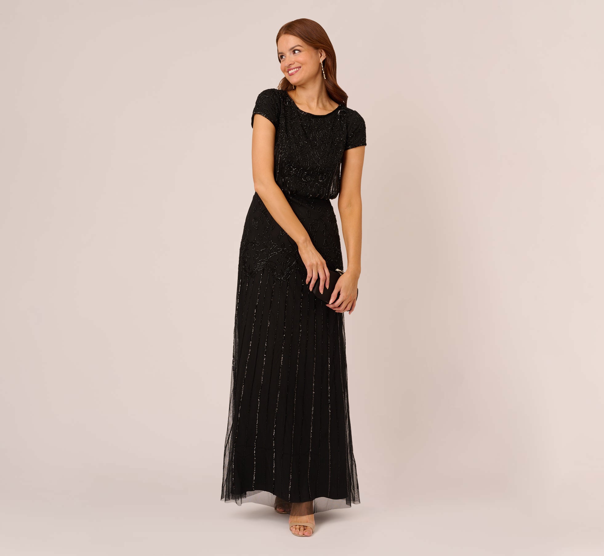 Short Sleeve Blouson Beaded Gown In Black Adrianna Papell