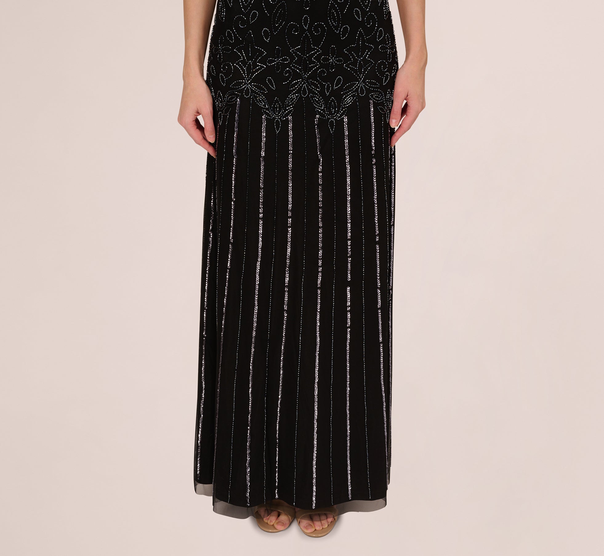 Short Sleeve Blouson Beaded Gown In Black Gunmetal Adrianna Papell