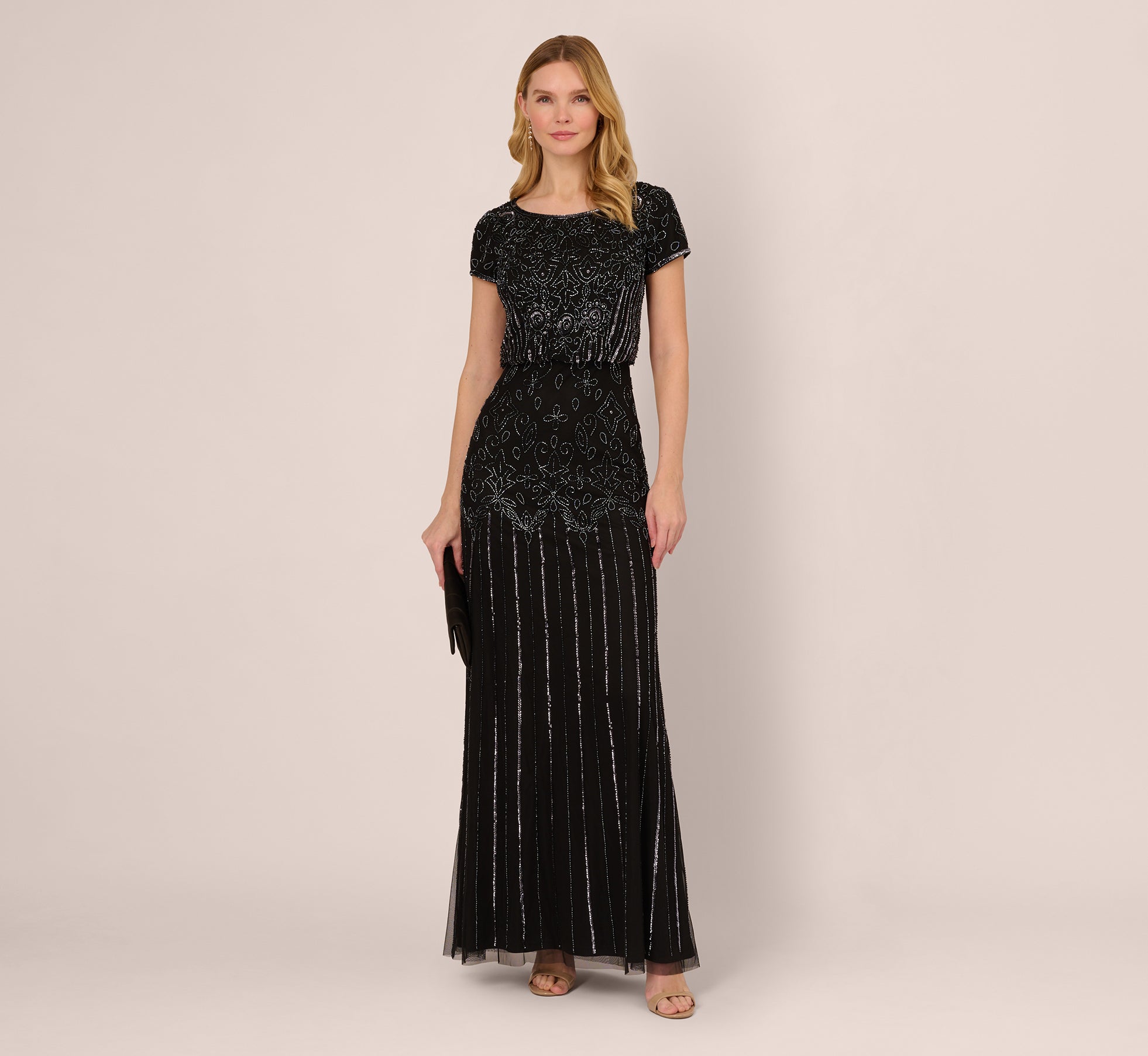 Short Sleeve Blouson Beaded Gown In Black Gunmetal Adrianna Papell