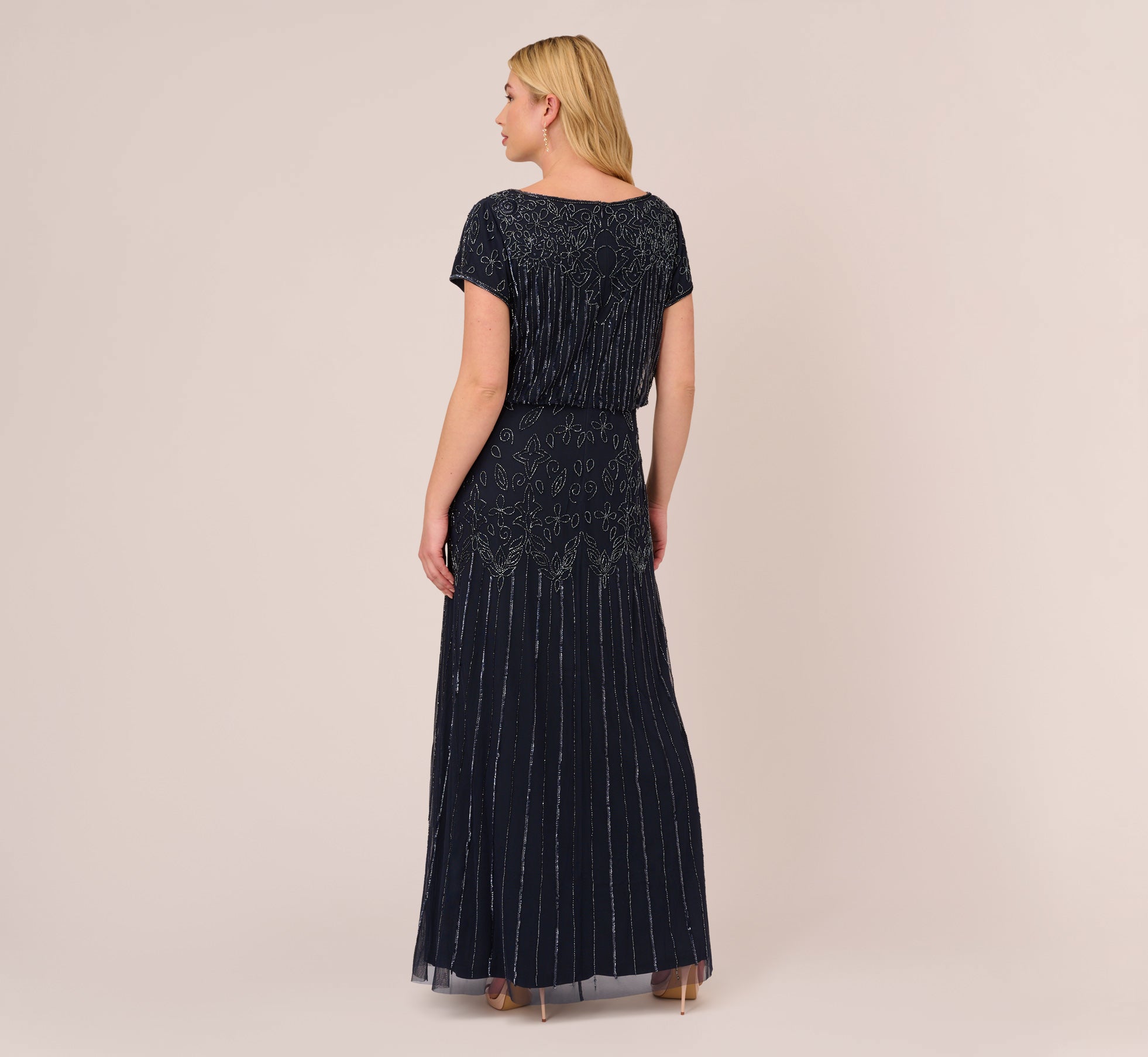 Plus Size Short Sleeve Blouson Beaded Gown In Navy Adrianna