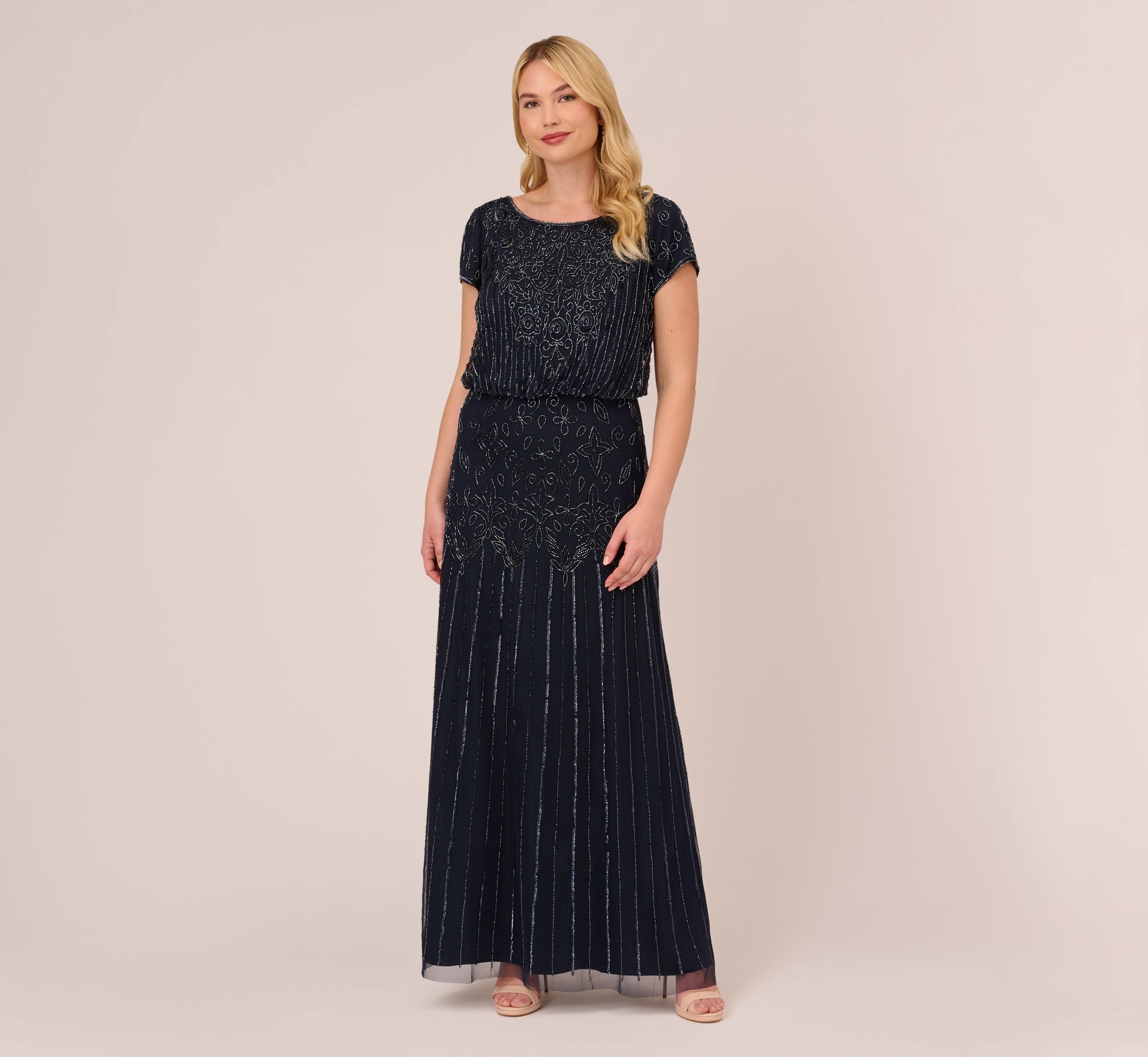 Plus Size Short Sleeve Blouson Beaded Gown In Navy Adrianna