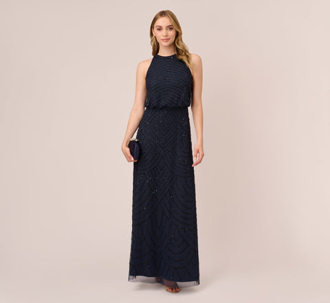 Art Deco Beaded Blouson Dress With Halter Neckline In Navy Black