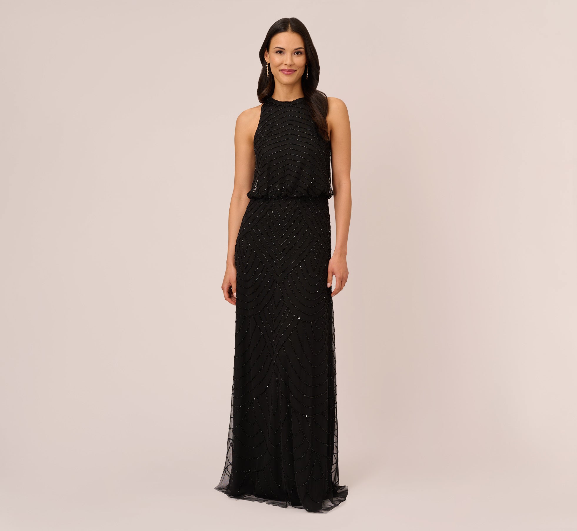 Art Deco Beaded Blouson Dress With Halter Neckline In Black Black