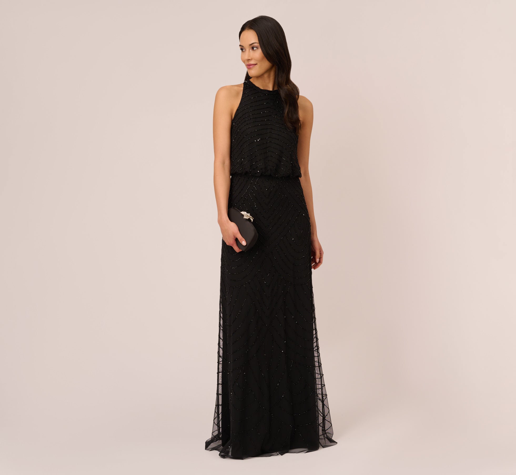 Art Deco Beaded Blouson Dress With Halter Neckline In Black Black