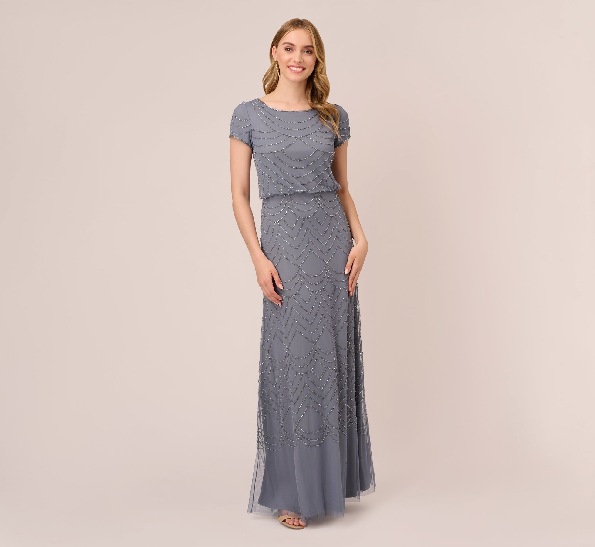 Short Sleeve Beaded Blouson Gown In Dusty Blue | Adrianna Papell