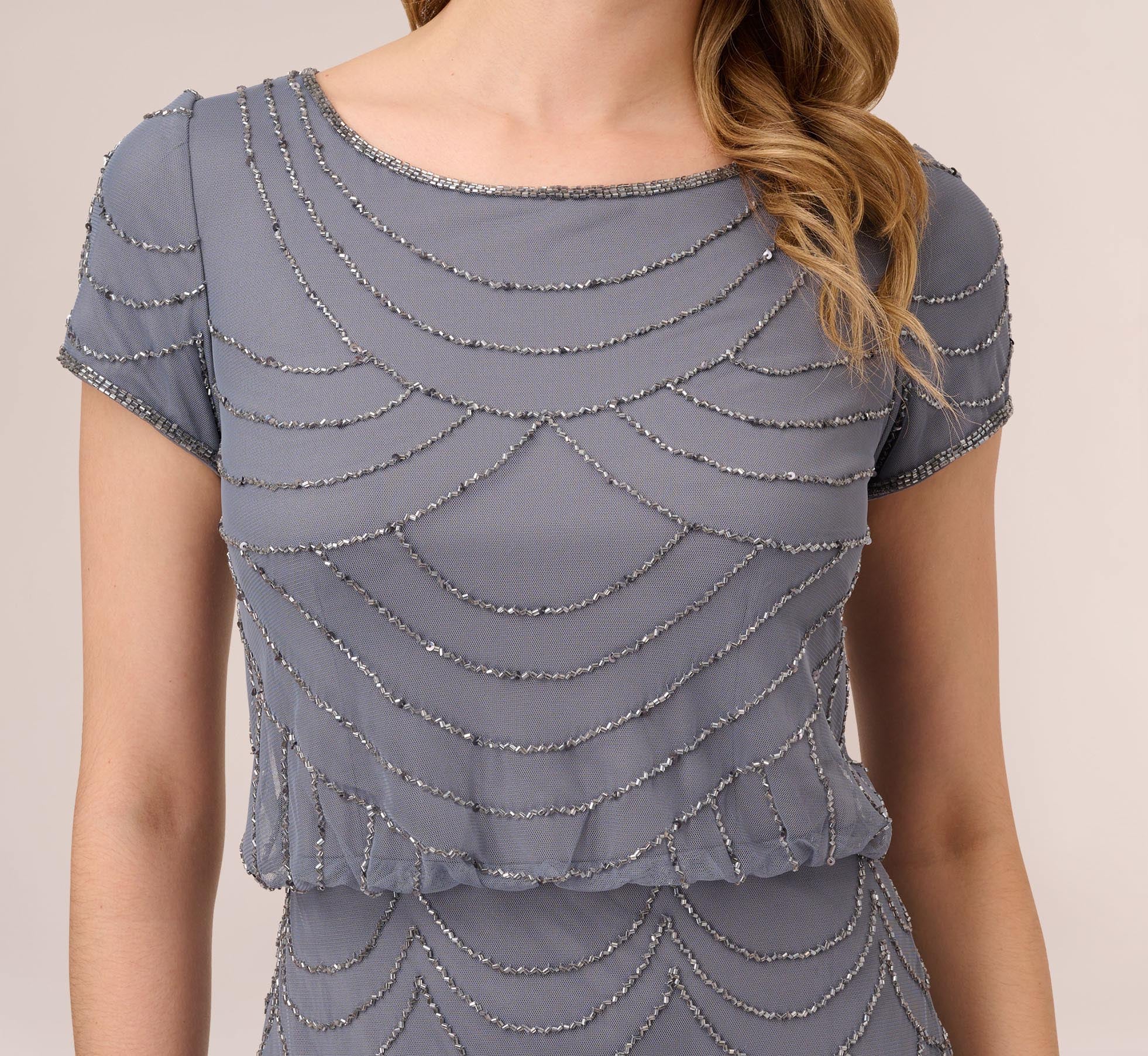 Short Sleeve Beaded Blouson Gown In Dusty Blue Adrianna Papell