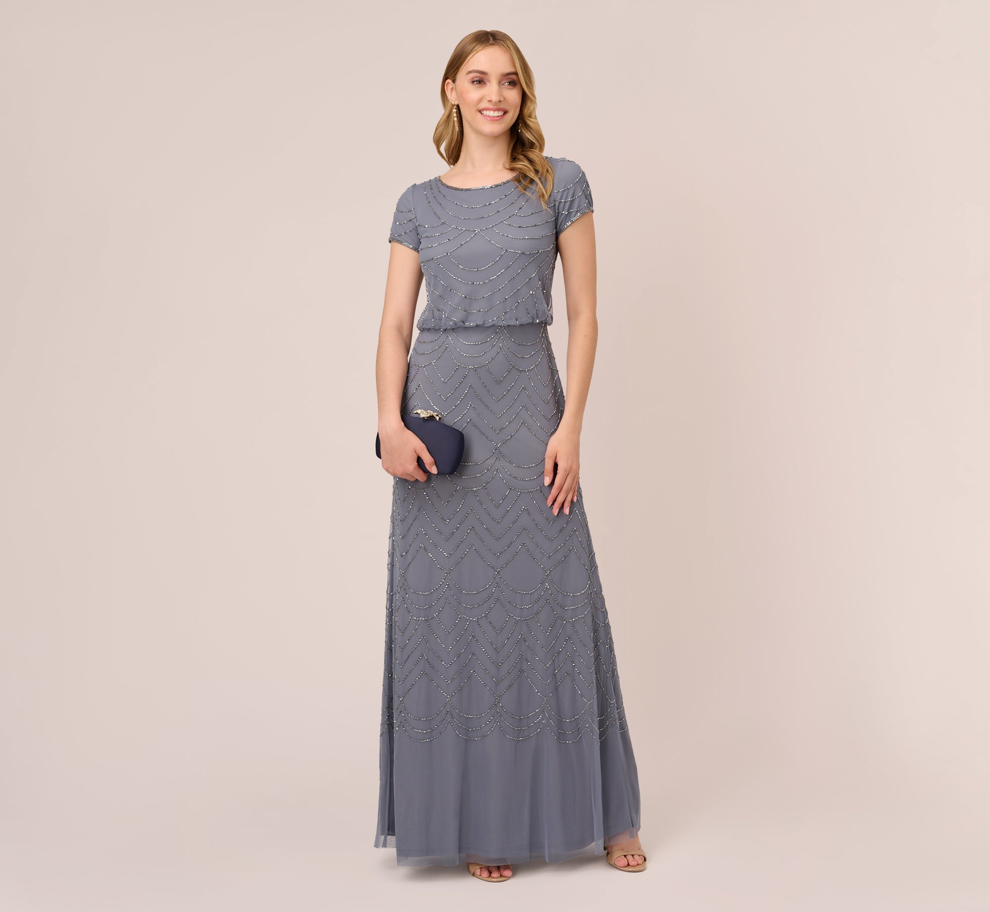 Short Sleeve Beaded Blouson Gown In Dusty Blue Adrianna Papell