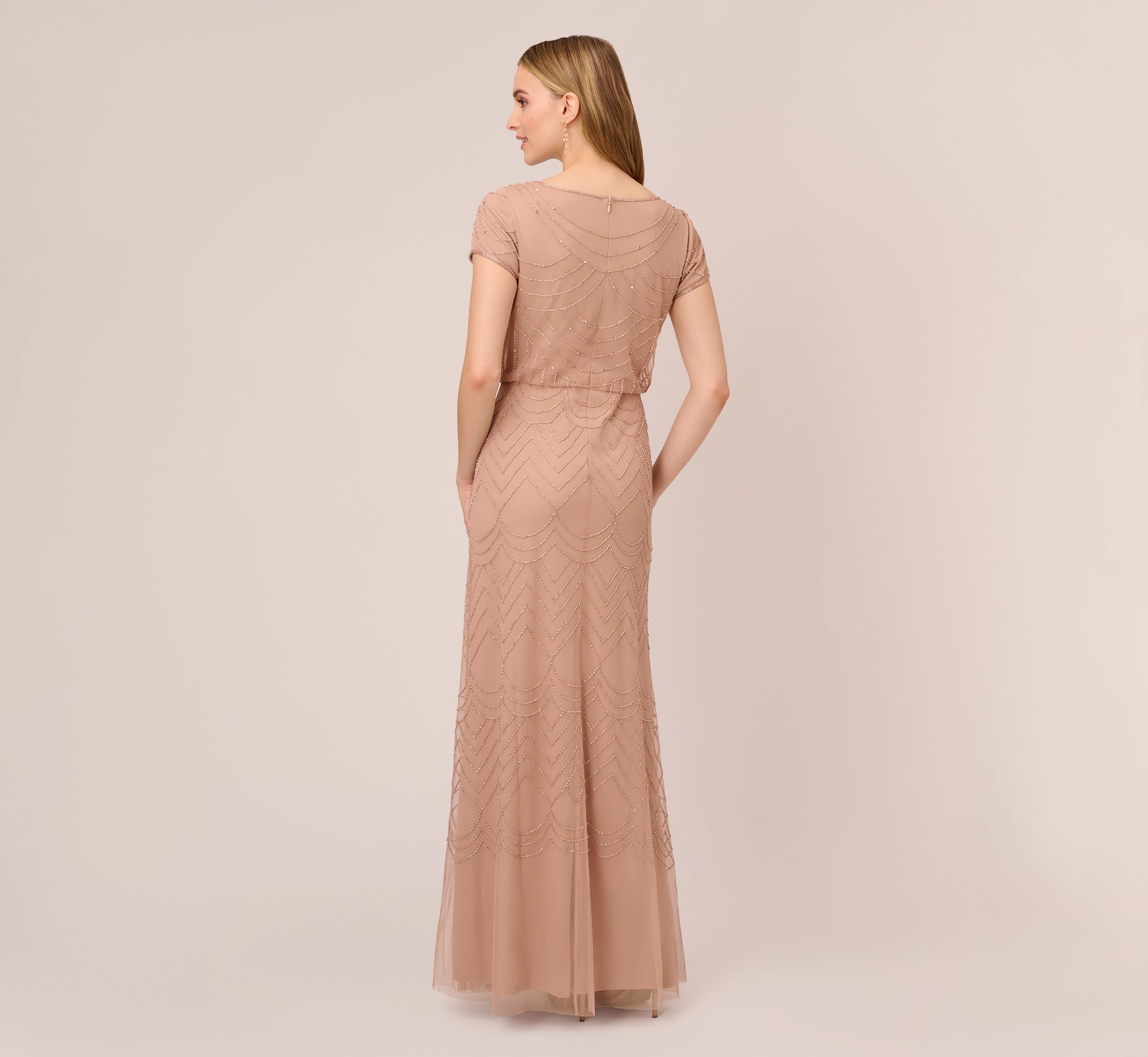 Short Sleeve Beaded Blouson Gown In Rose Gold Adrianna Papell