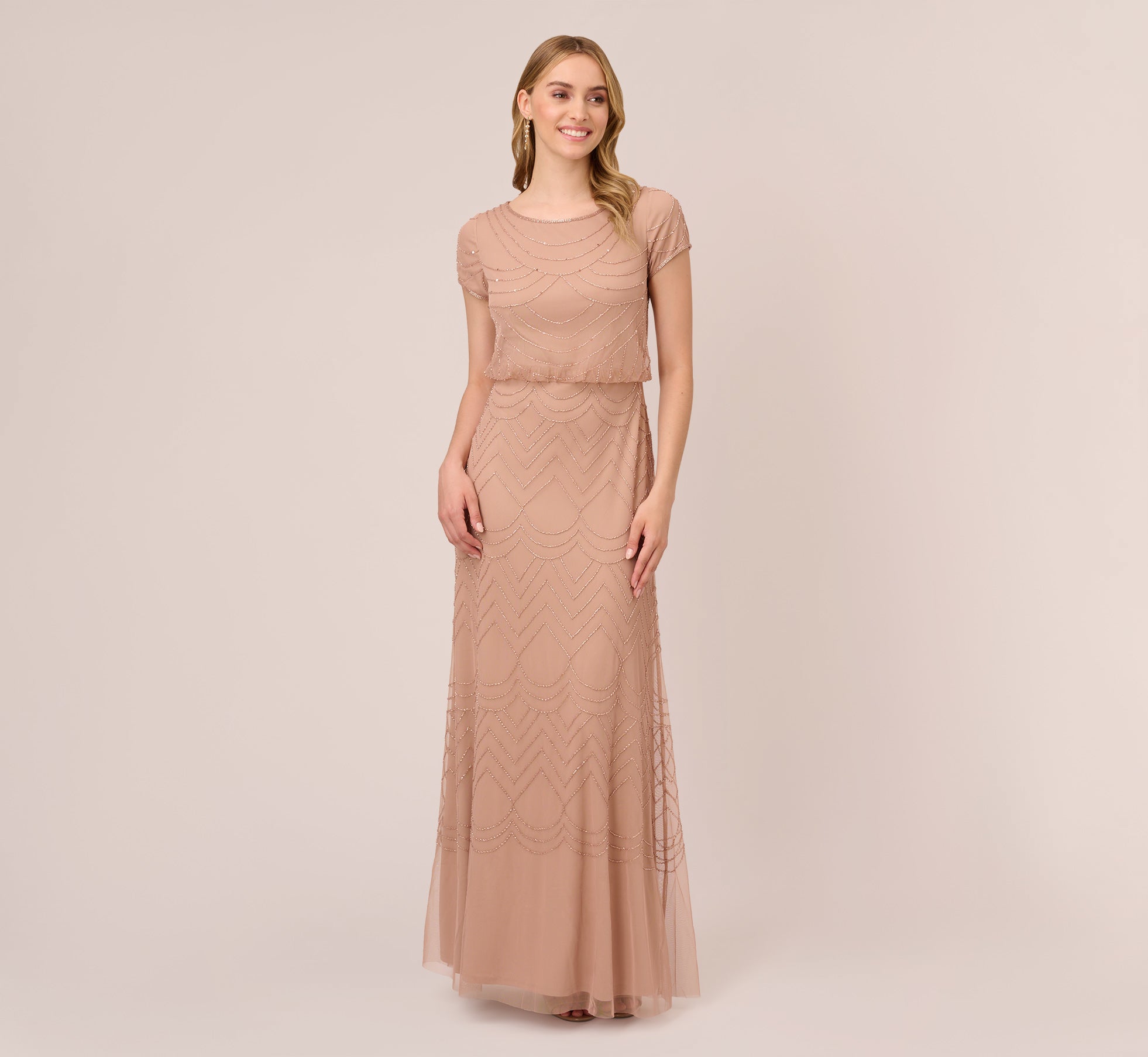 Short Sleeve Beaded Blouson Gown In Rose Gold Adrianna Papell