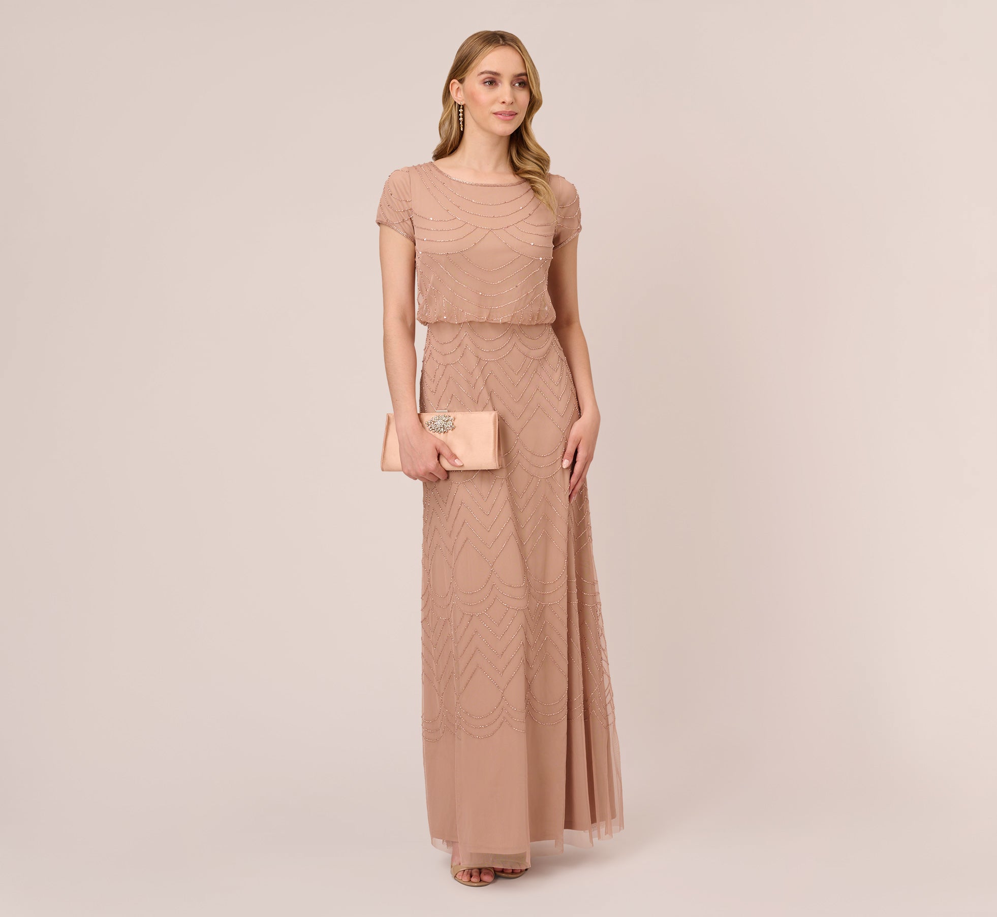 Short Sleeve Beaded Blouson Gown In Rose Gold Adrianna Papell