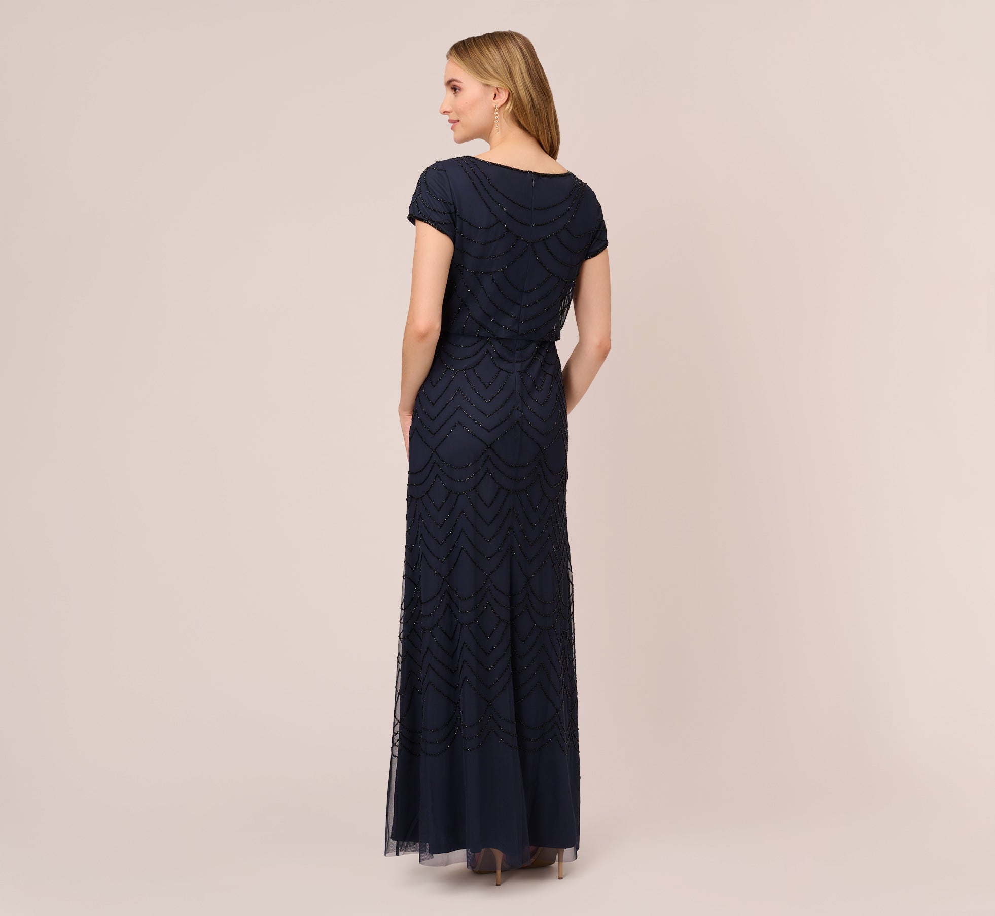 Short Sleeve Beaded Blouson Gown In Navy Black Adrianna Papell