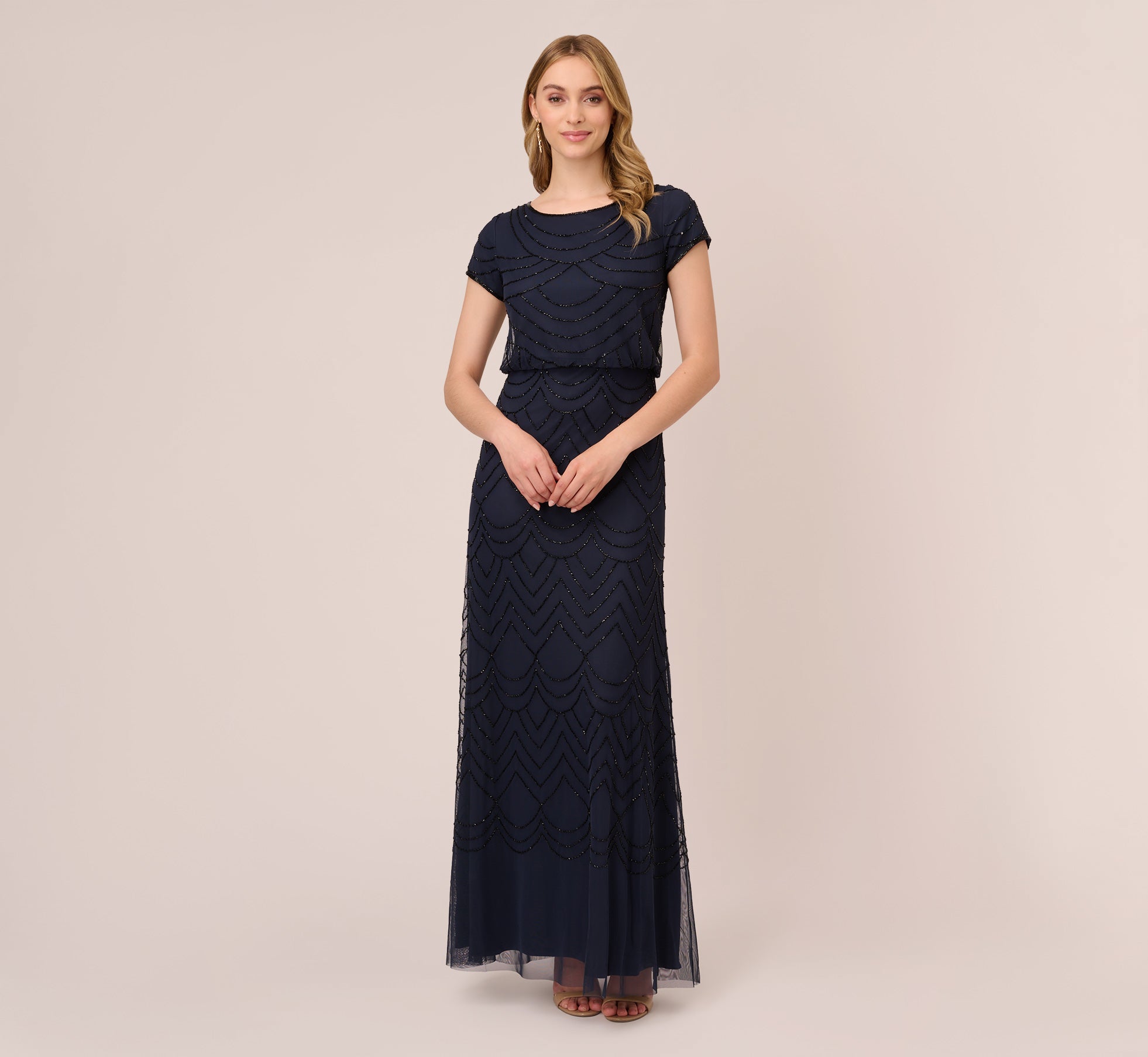 Short Sleeve Beaded Blouson Gown In Navy Black Adrianna Papell