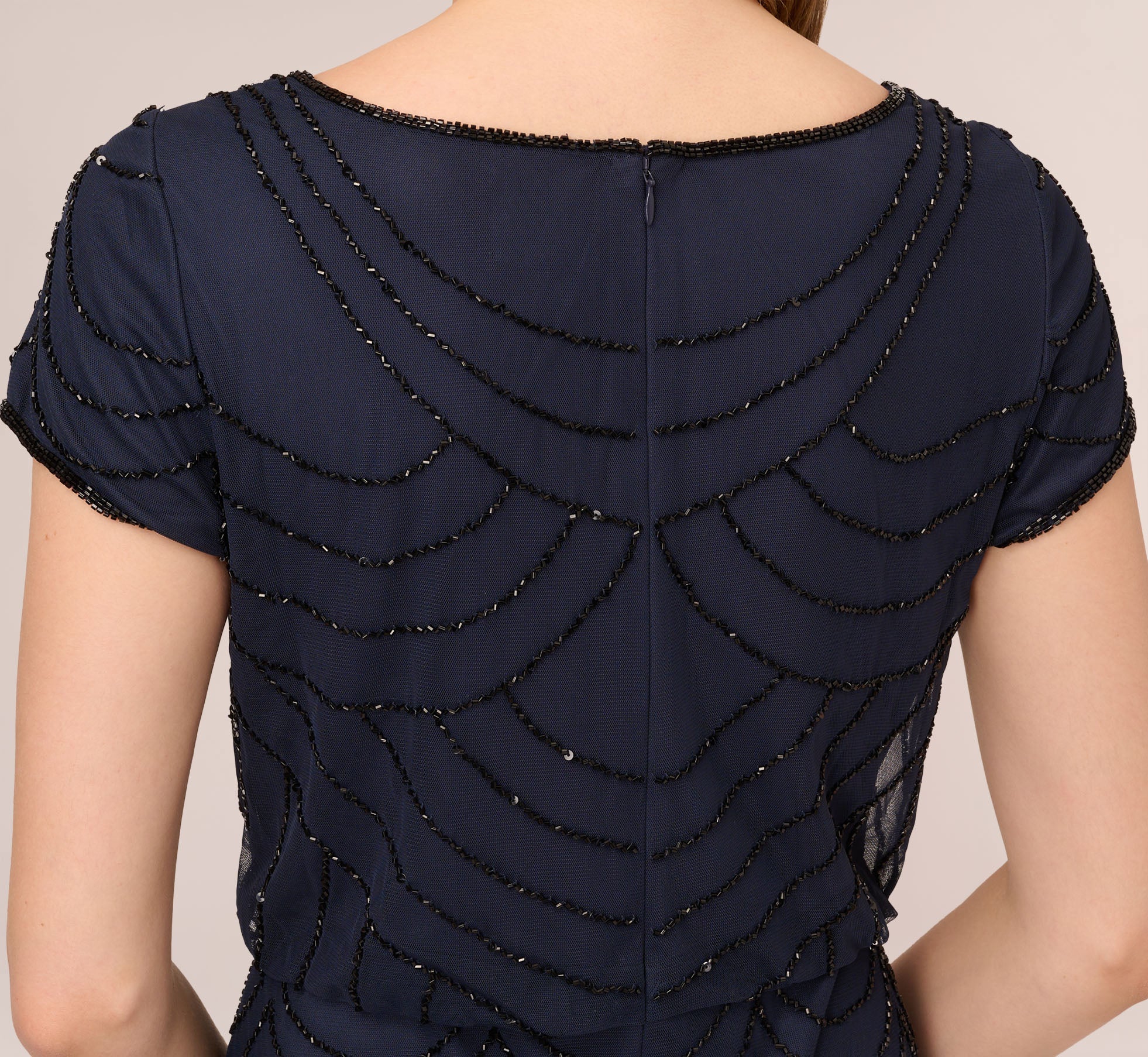 Short Sleeve Beaded Blouson Gown In Navy Black Adrianna Papell