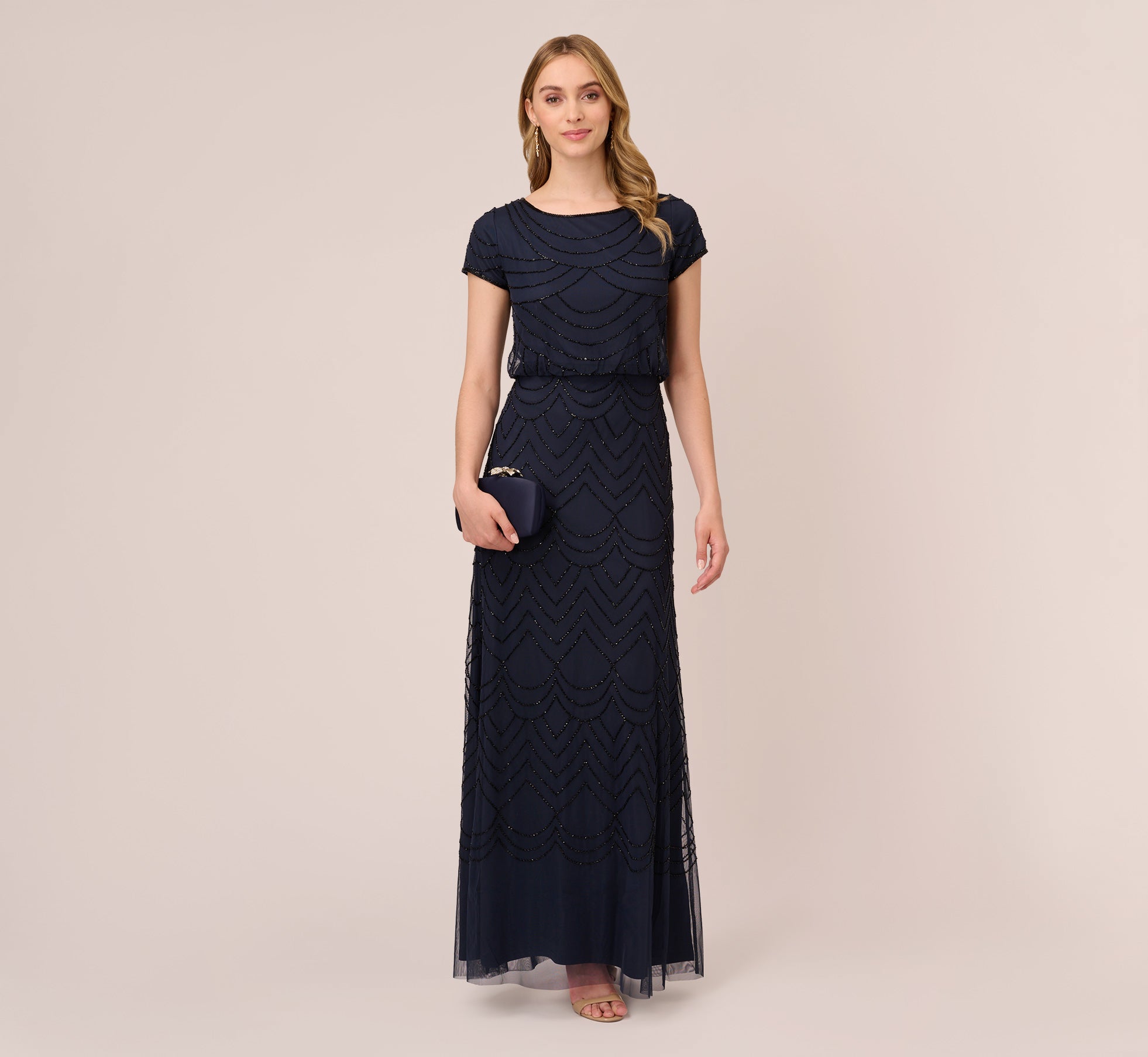 Short Sleeve Beaded Blouson Gown In Navy Black Adrianna Papell