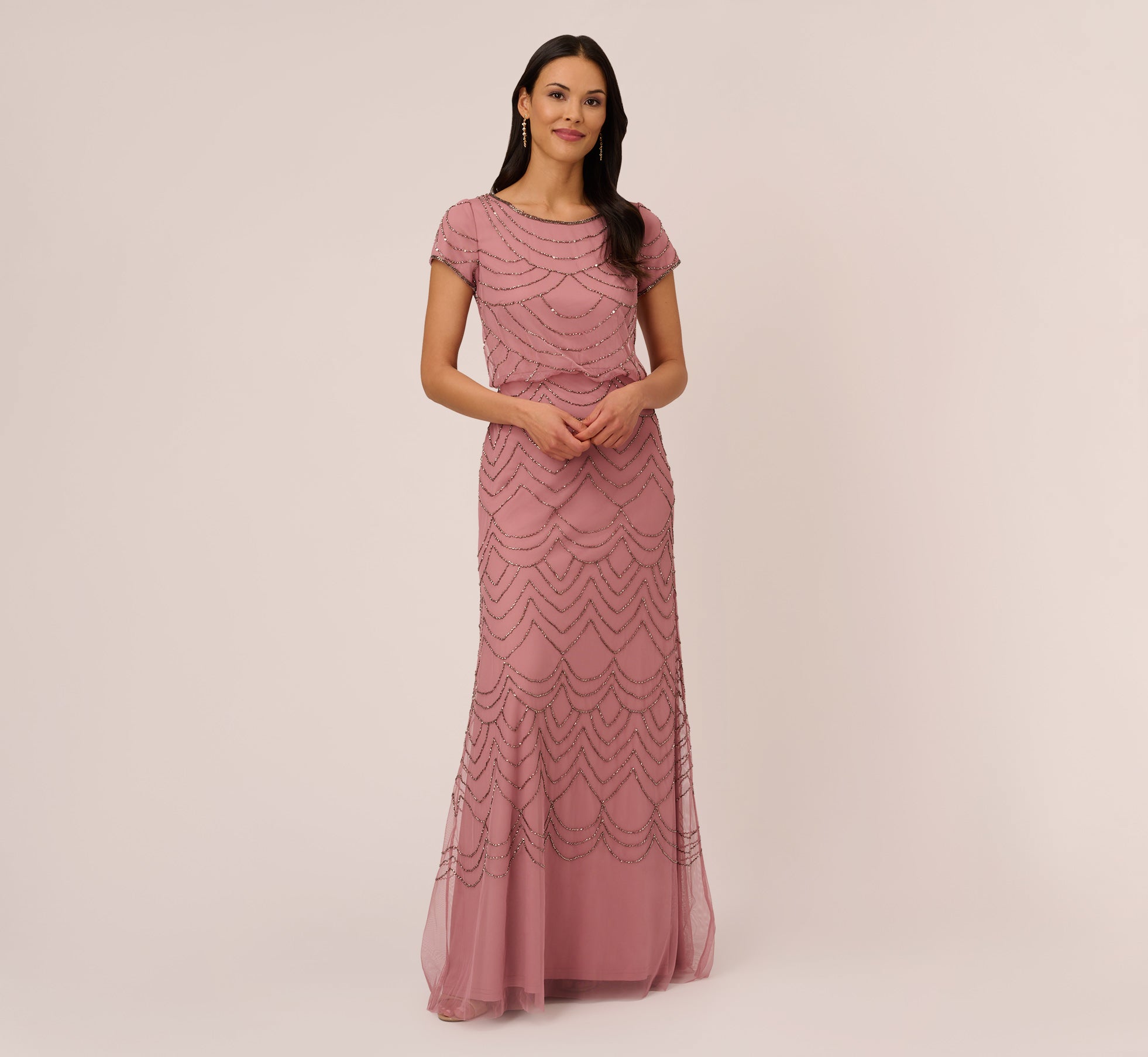 Short Sleeve Beaded Blouson Gown In Rose Mercury | Adrianna Papell