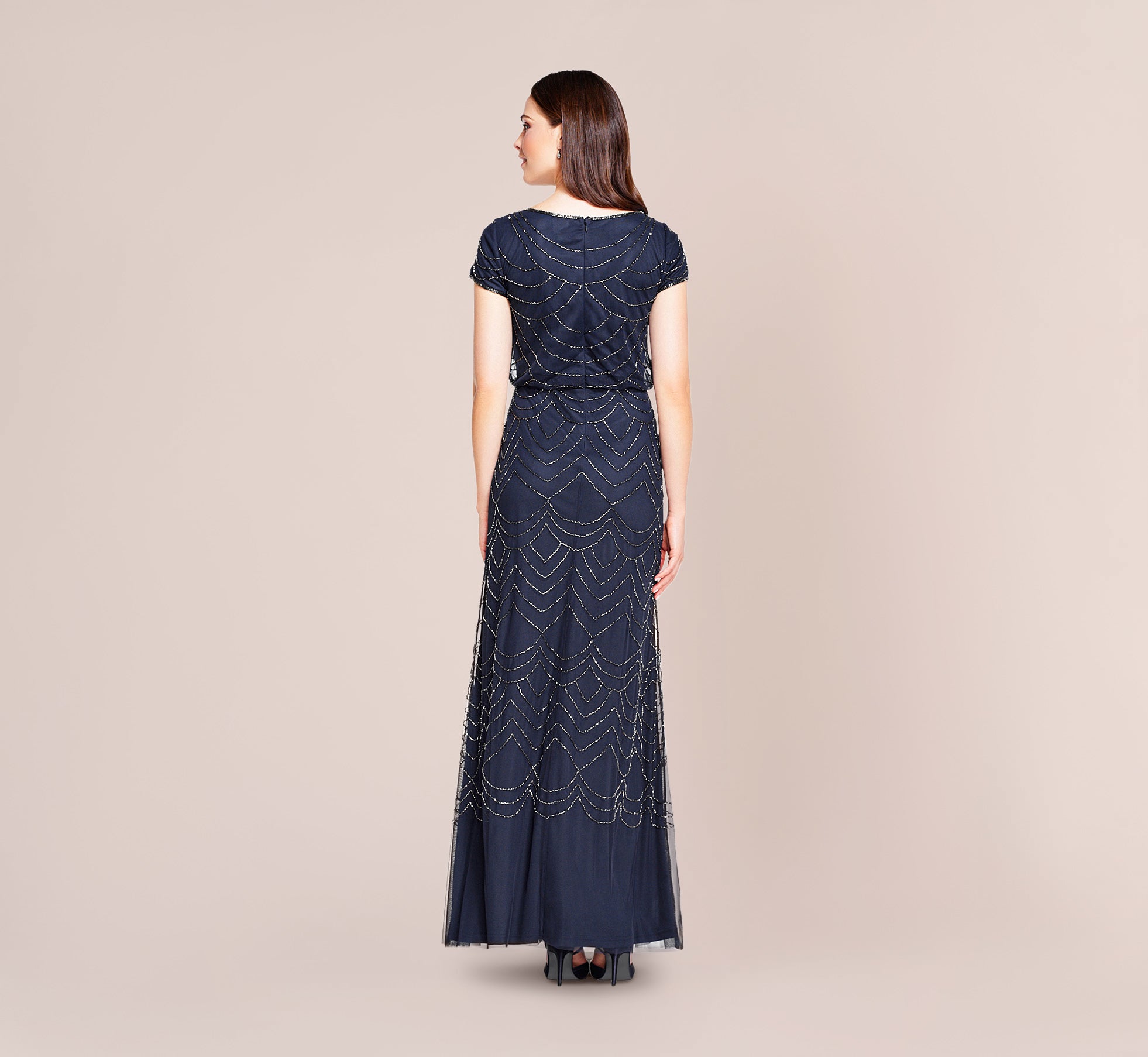 Short Sleeve Beaded Blouson Gown In Navy | Adrianna Papell