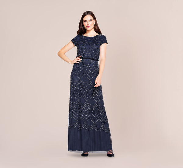 Short Sleeve Beaded Blouson Gown In Navy Adrianna Papell