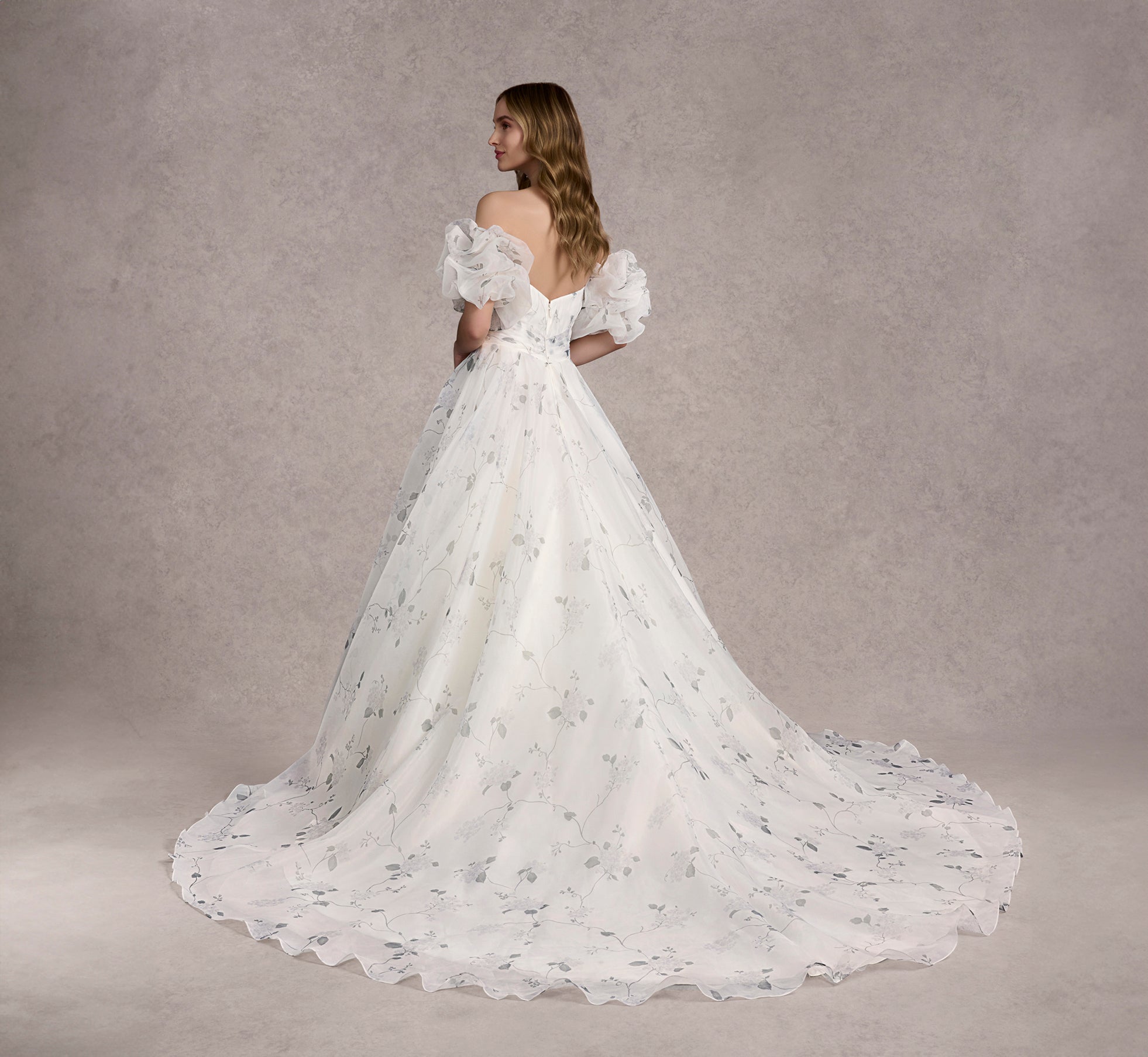 Printed Strapless Organza Ball Gown With Removable Puff Sleeves In