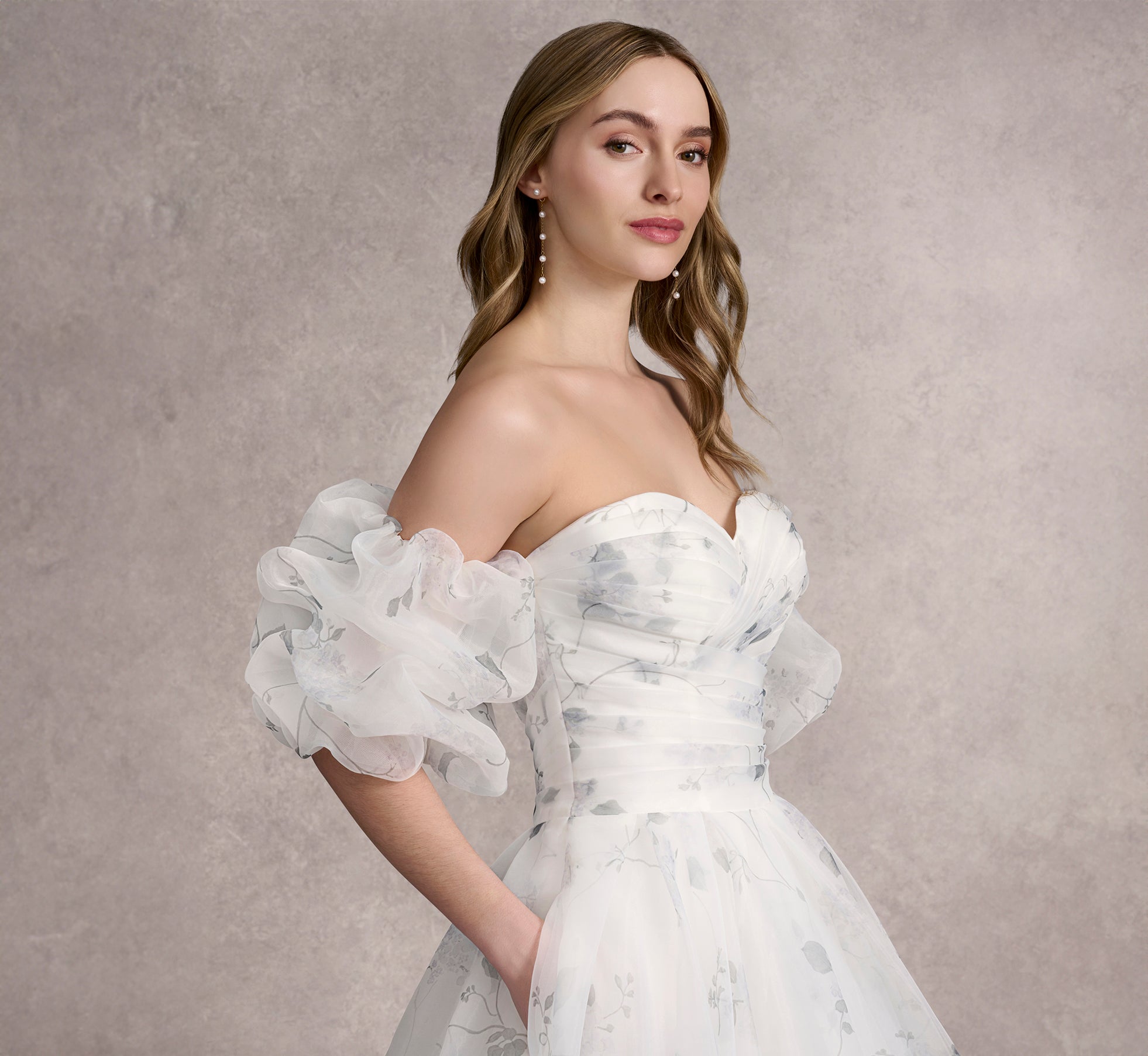 Printed Strapless Organza Ball Gown With Removable Puff Sleeves In