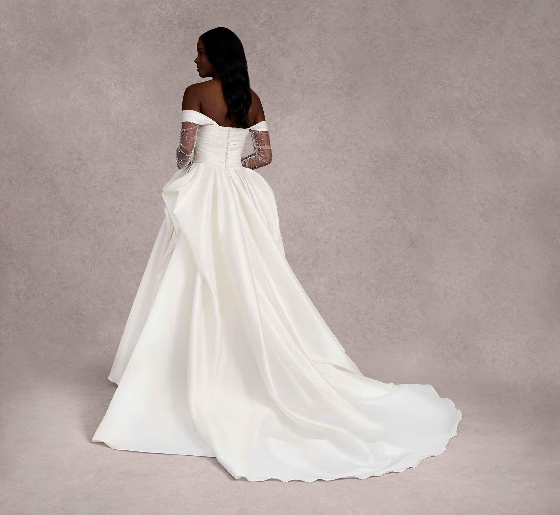 Off The Shoulder Draped Bodice A Line Taffeta Gown In Ivory Ivory