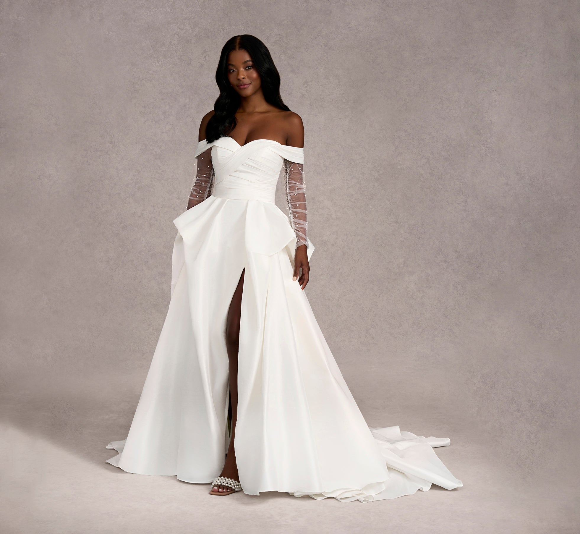 Off The Shoulder Draped Bodice A Line Taffeta Gown In Ivory Ivory