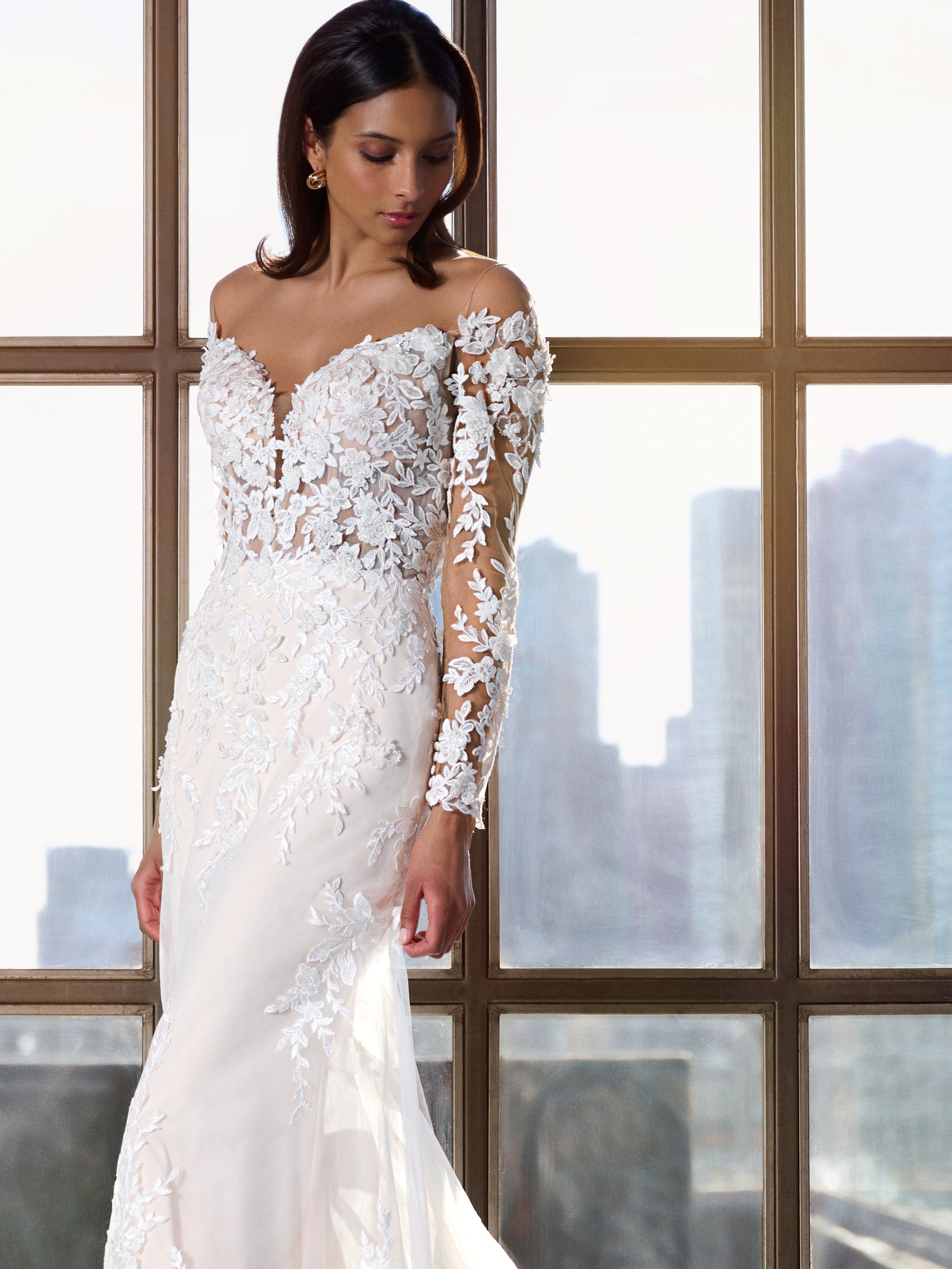 Off The Shoulder Lace And Tulle Fit And Flare Gown In Ivory Almond