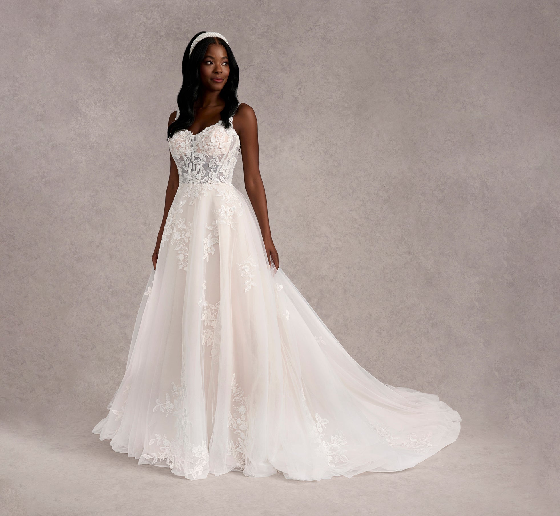 Hand Beaded 3D Floral Lace And Tulle A Line Gown In Ivory Almond