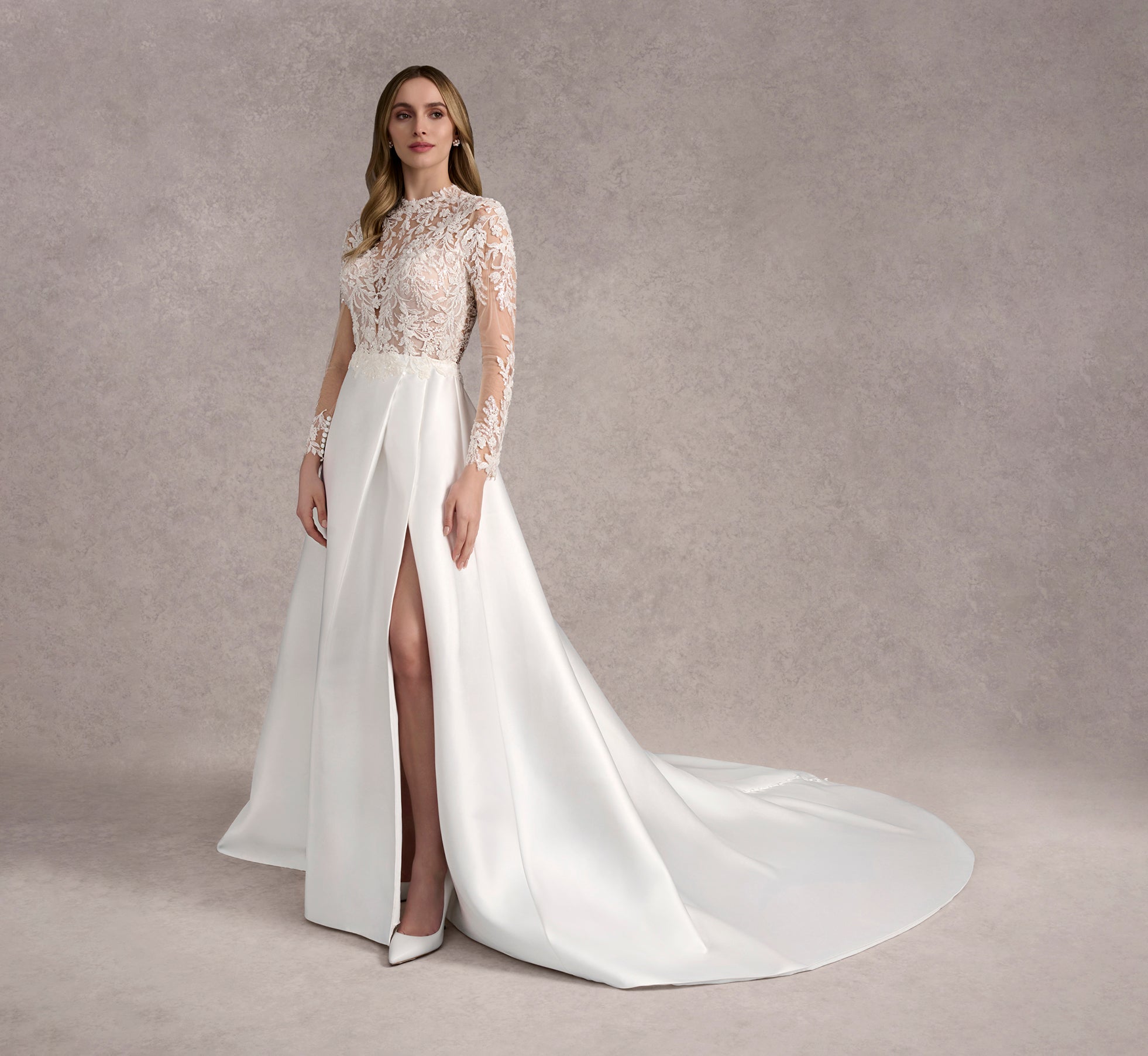 Beaded Lace Bodice And Mikado Side Pleated A Line Gown In Ivory