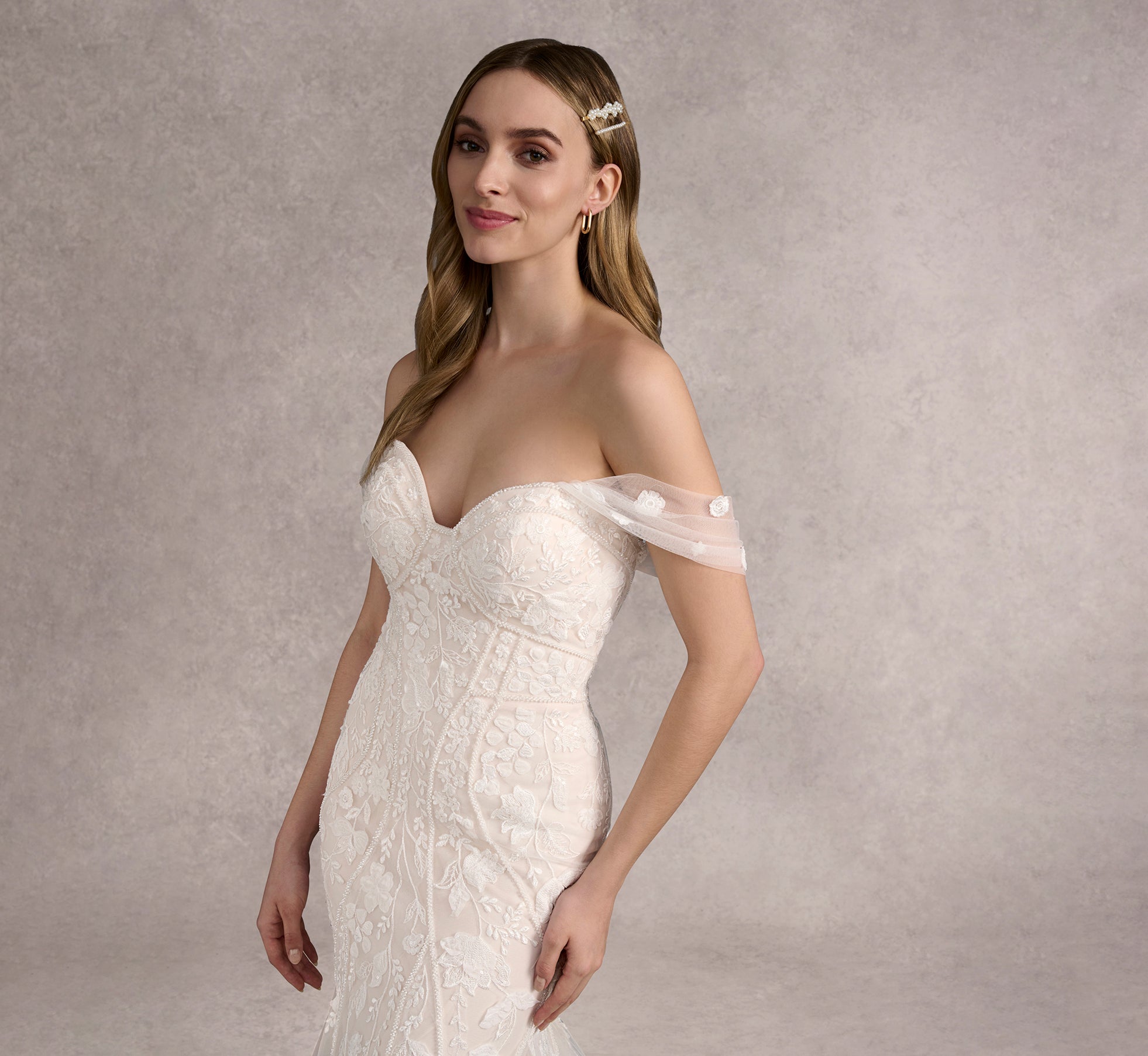 Lace And Tulle Fit And Flare Gown In Ivory Almond In Ivory Almond