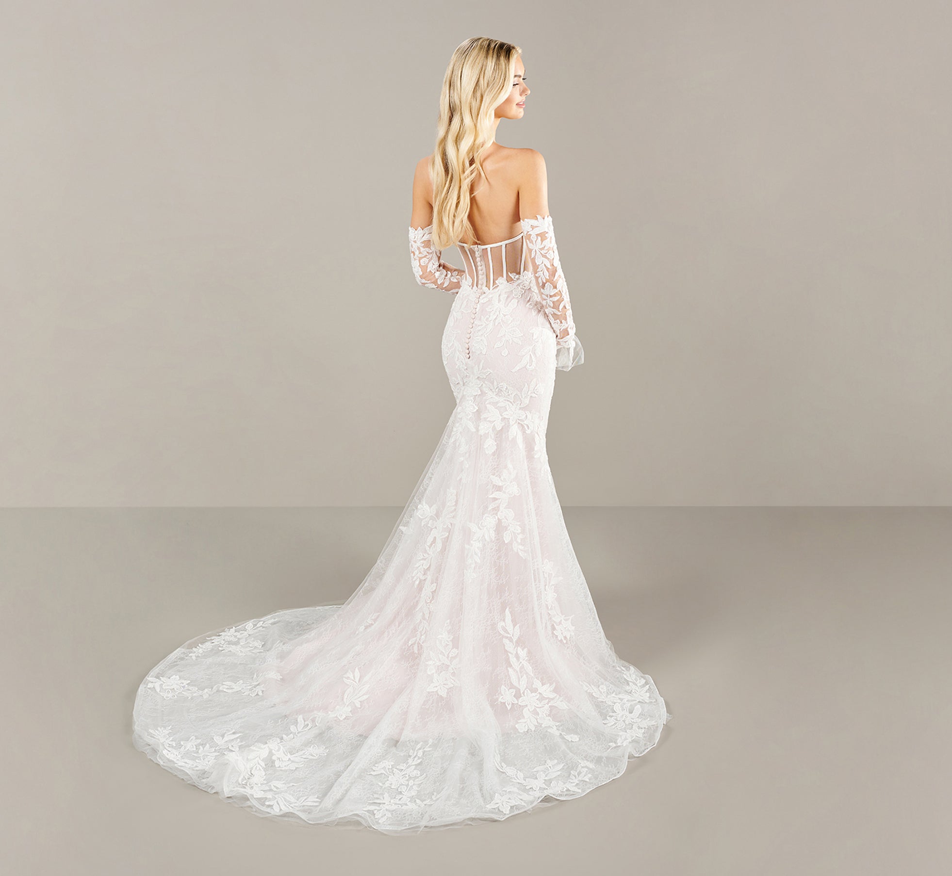 Strapless All Over Lace Wedding Gown In Ivory French Lilac