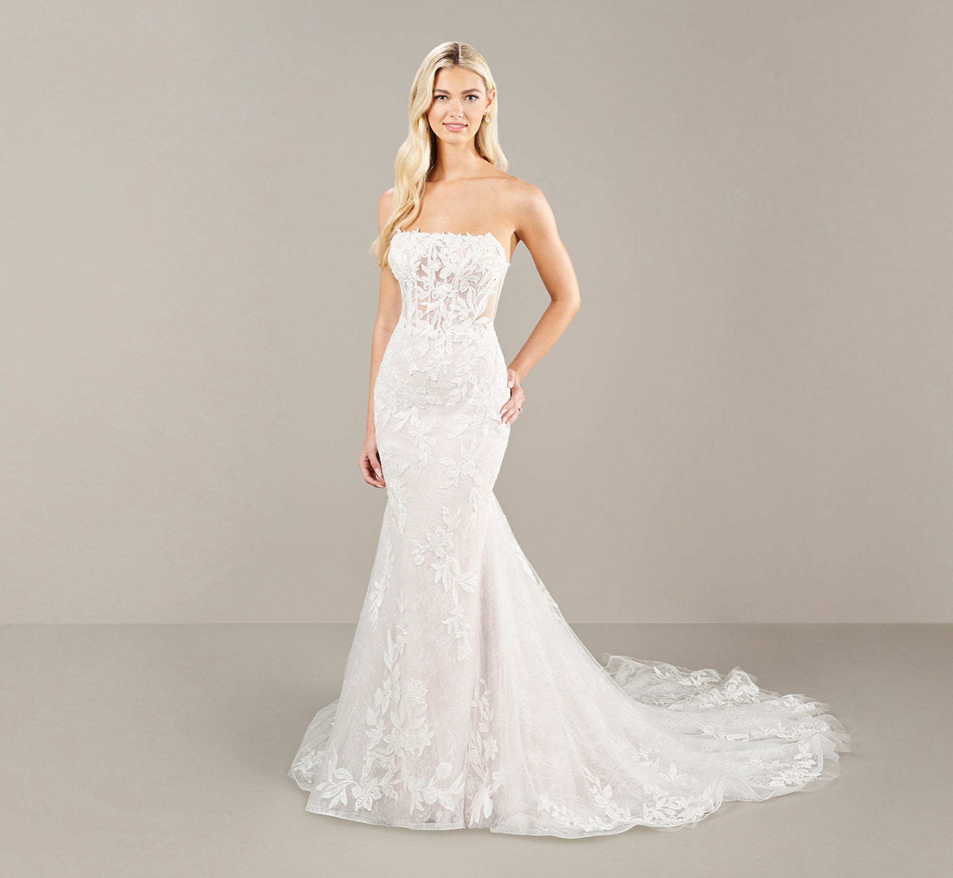 Strapless All Over Lace Wedding Gown In Ivory French Lilac