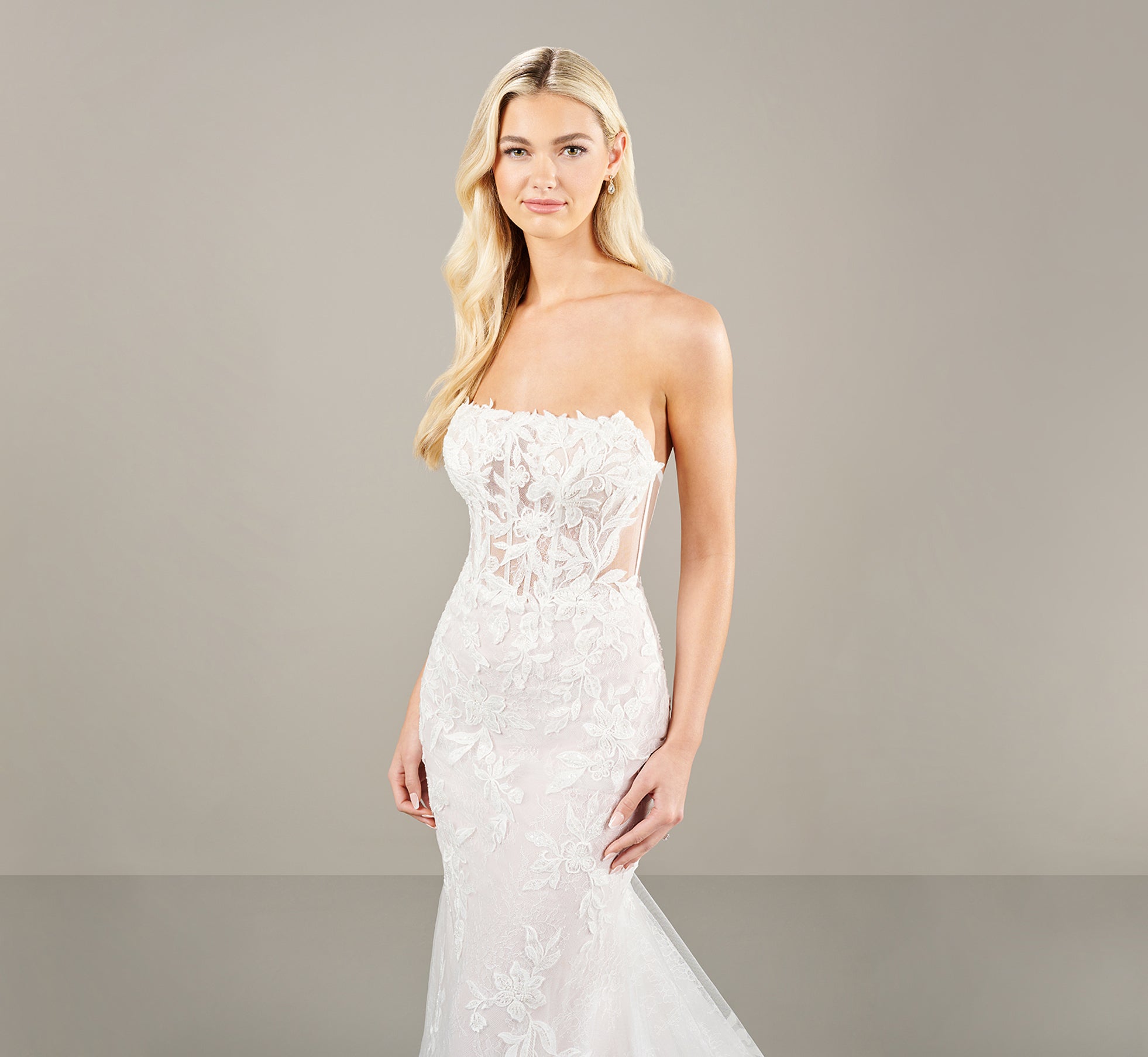 Strapless All Over Lace Wedding Gown In Ivory French Lilac