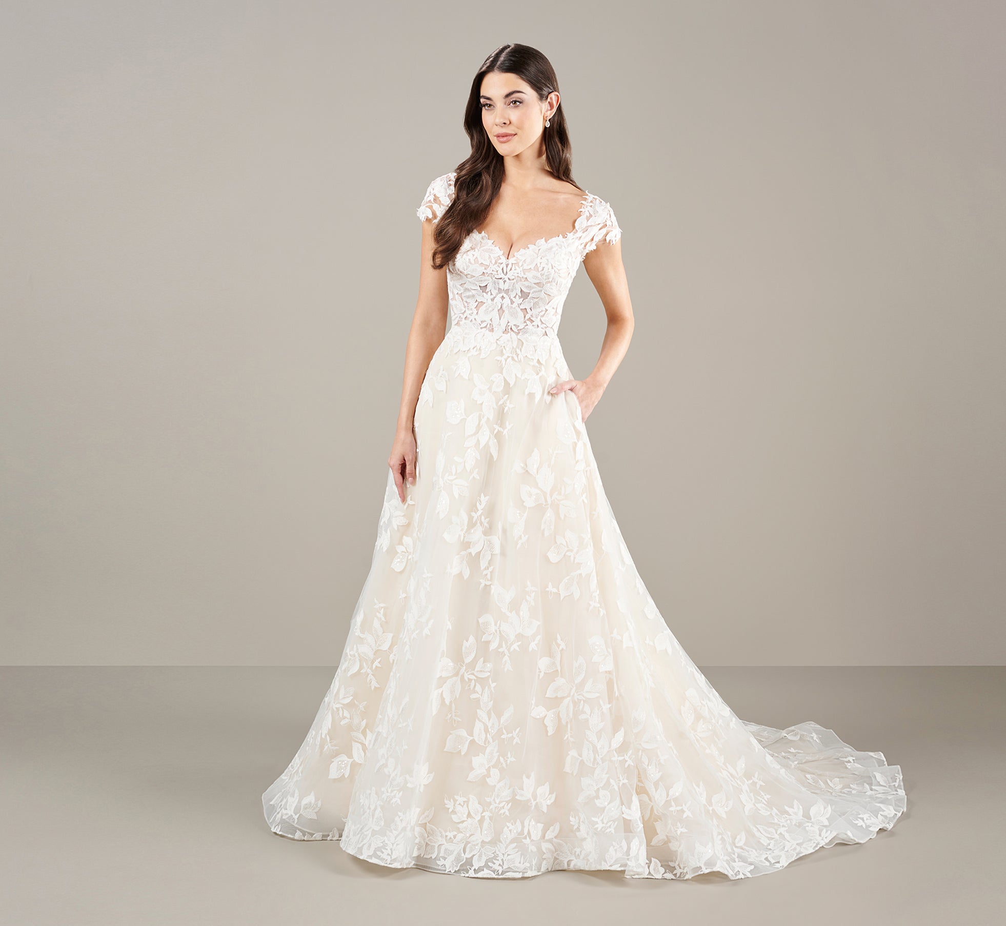 Classic Wedding Ball With Lace Applique In Ivory Almond Adrianna