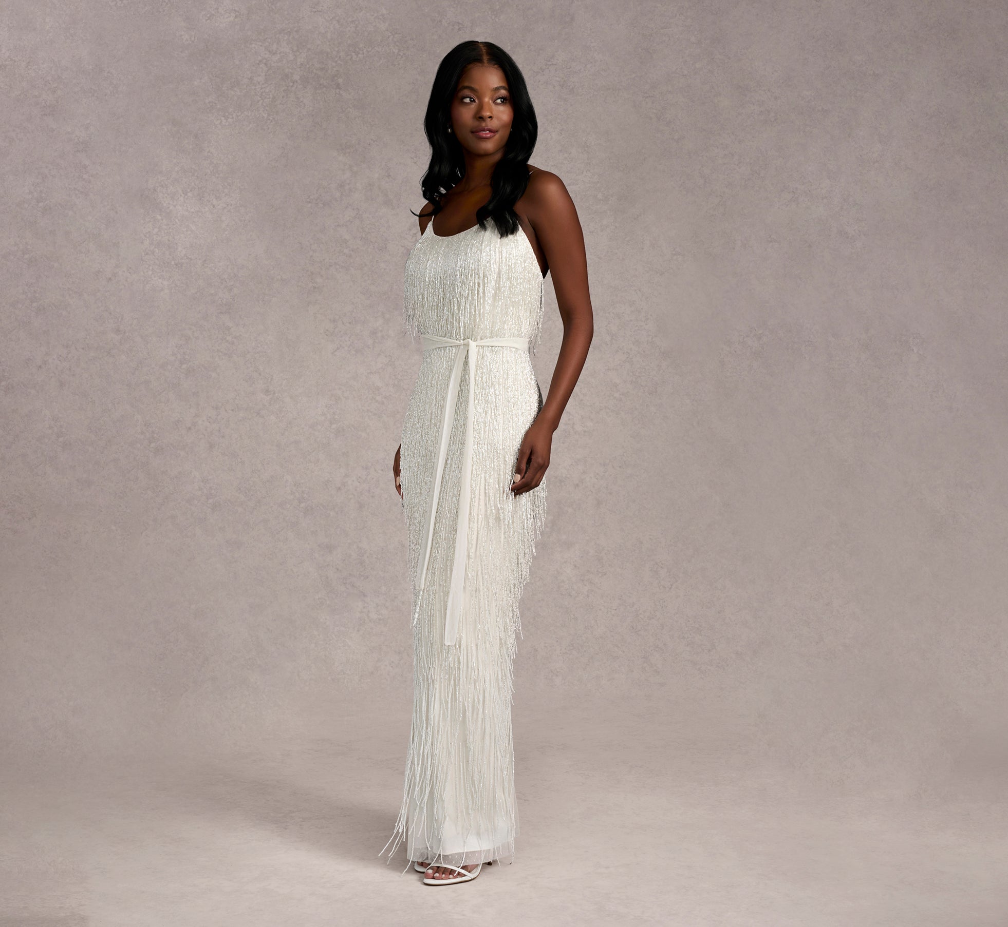 Beaded Fringe Column Dress In Ivory Ivory In Ivory Ivory