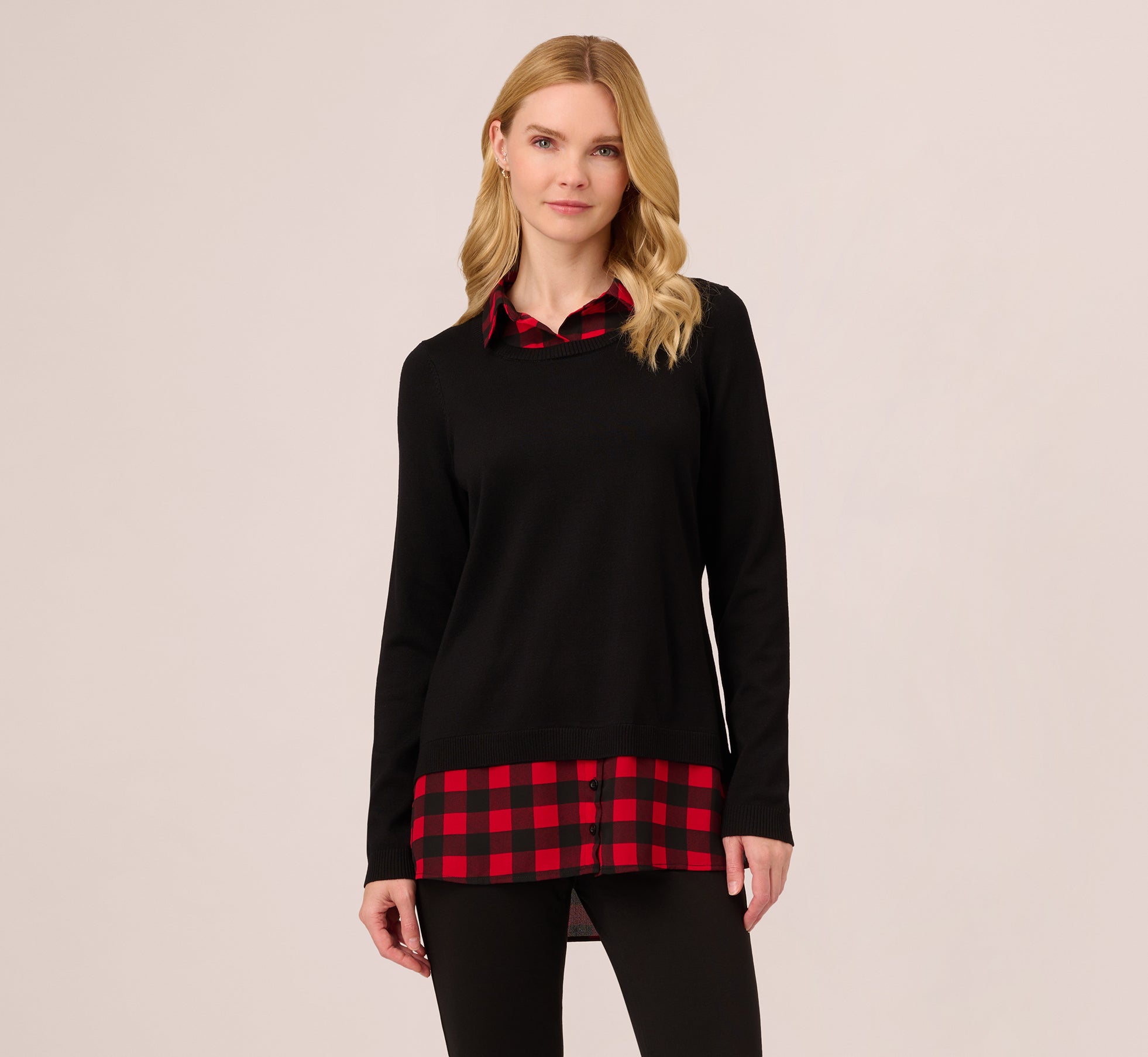 Long Sleeve Layered Sweater Top In Black W  Red Buffalo Plaid 1