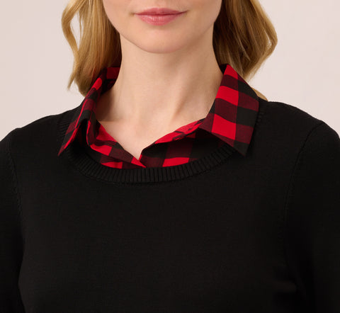 Long Sleeve Layered Sweater Top In Black W  Red Buffalo Plaid