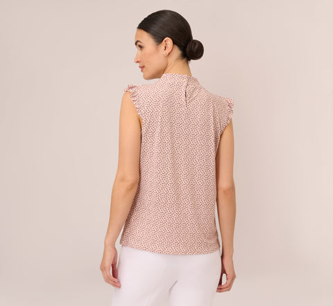 Mock Neck Print Top With Ruffled Details In Champagne Blowing Leaf