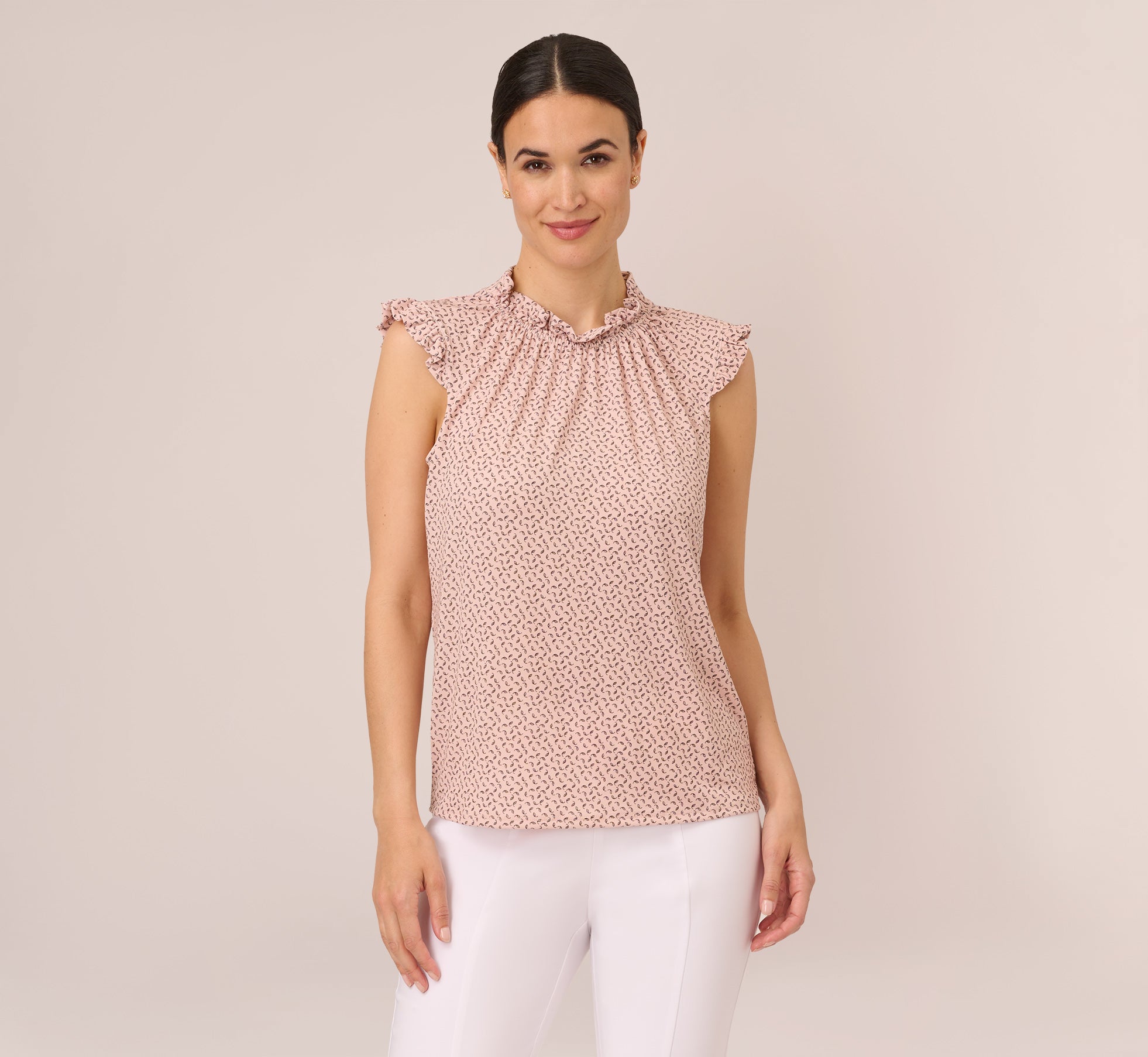 Mock Neck Print Top With Ruffled Details In Champagne Blowing Leaf 1