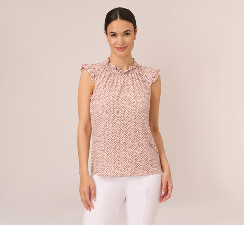 Mock Neck Print Top With Ruffled Details In Champagne Blowing Leaf