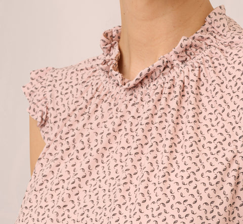 Mock Neck Print Top With Ruffled Details In Champagne Blowing Leaf