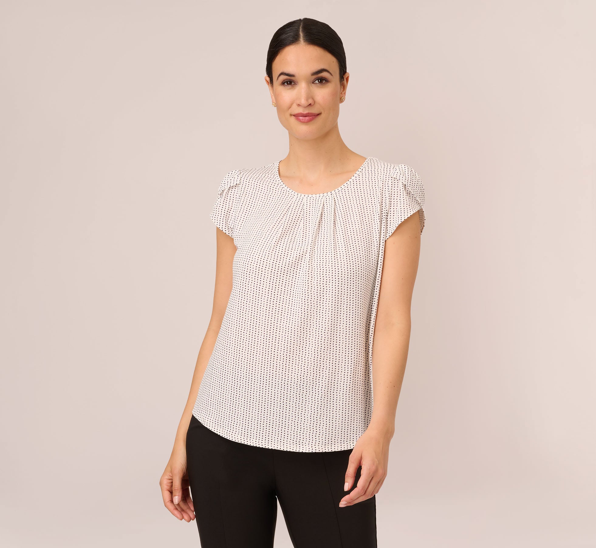 Short Sleeve Printed Top With Pleated Details In Ivory Black Seed Dot 1