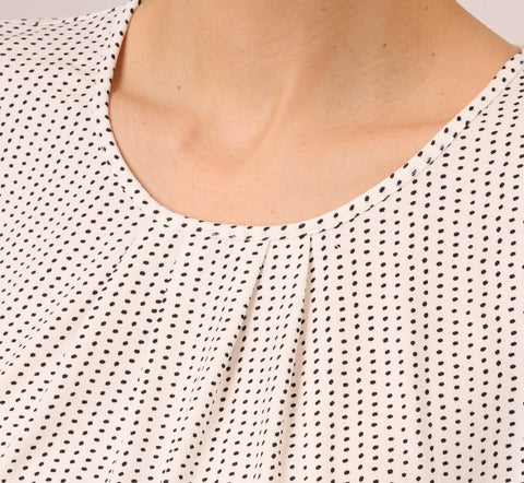 Short Sleeve Printed Top With Pleated Details In Ivory Black Seed Dot